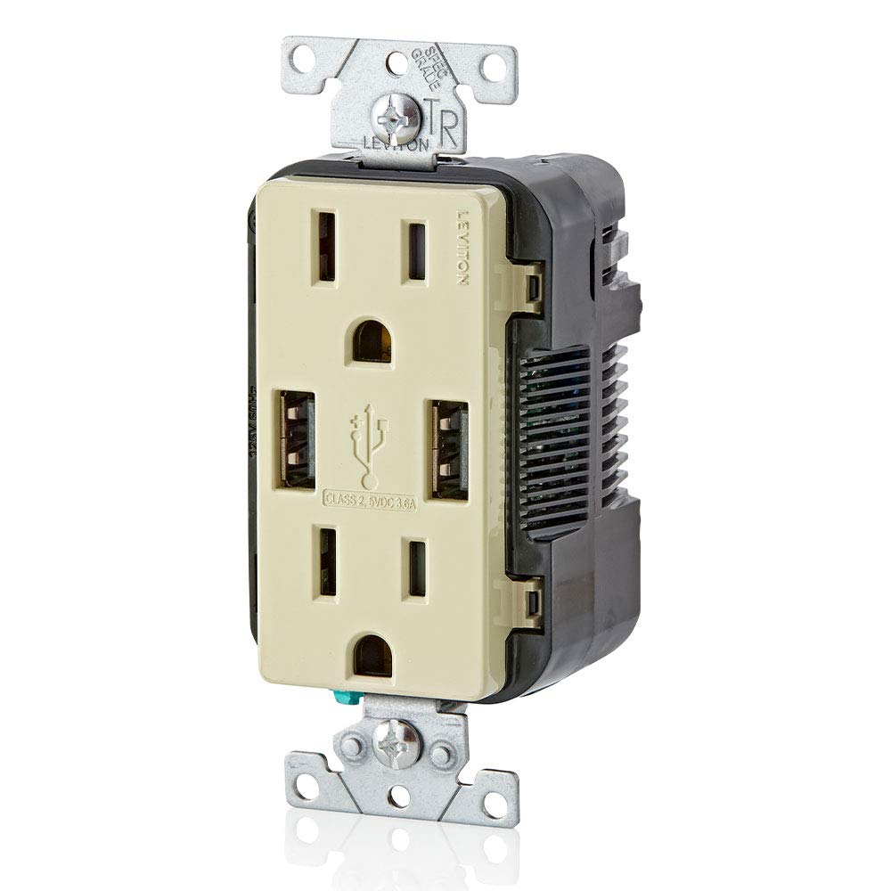 Leviton T5632-I 15A Tamper-Resistant Outlet with Dual USB Charger Ports - Ivory Wall Plate for Smartphones & Tablets - Perfect for Bedrooms, Kitchens & Home Offices
