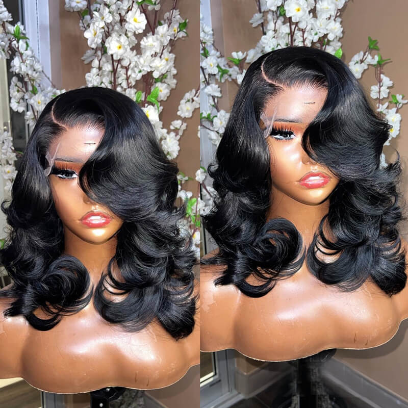 Eullair Hairstylist Inspired Butterfly Layered Cut Loose Body Wave Human Hair Wig with Curtain Bangs - Pre Cut Lace Front Wig for Everyday Wear & Special Occasions