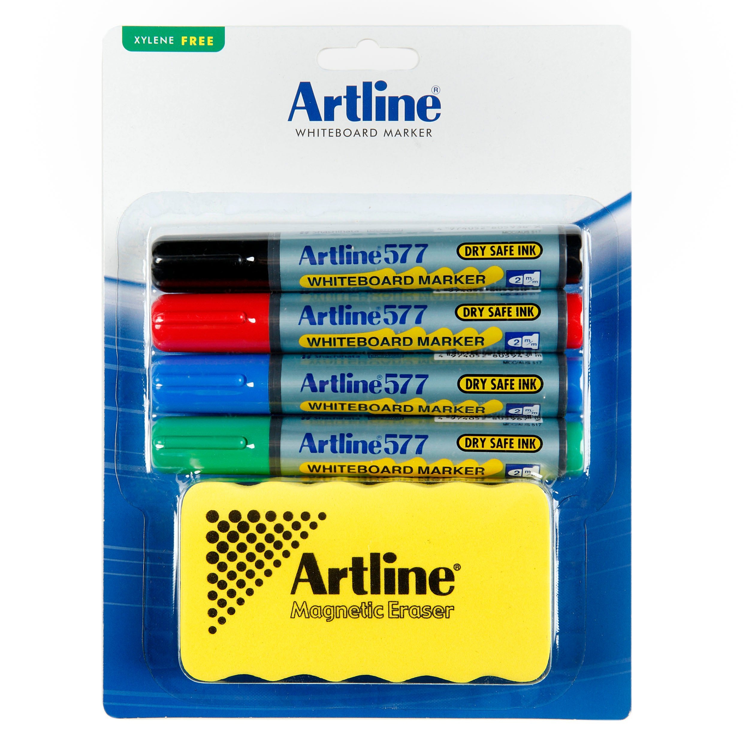 Artline 577 Whiteboard Marker Set - 3mm Bullet Tip Dry Erase Markers with Magnetic Eraser - Ideal for Office, Classroom & Home Use - 12 Pack Assorted Colors
