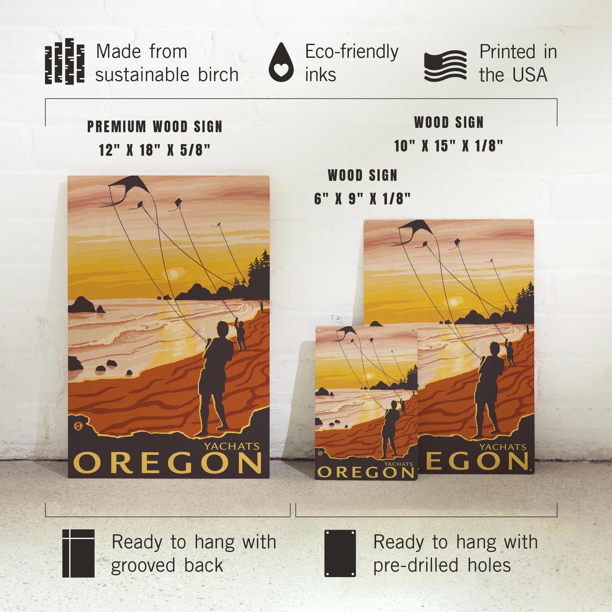 Lantern Press 12x18 Inch Premium Wood Wall Sign - Ready to Hang Coastal Beach Decor with Kites Design from Yachats Oregon | Perfect for Living Room, Bedroom, or Beach House Decoration