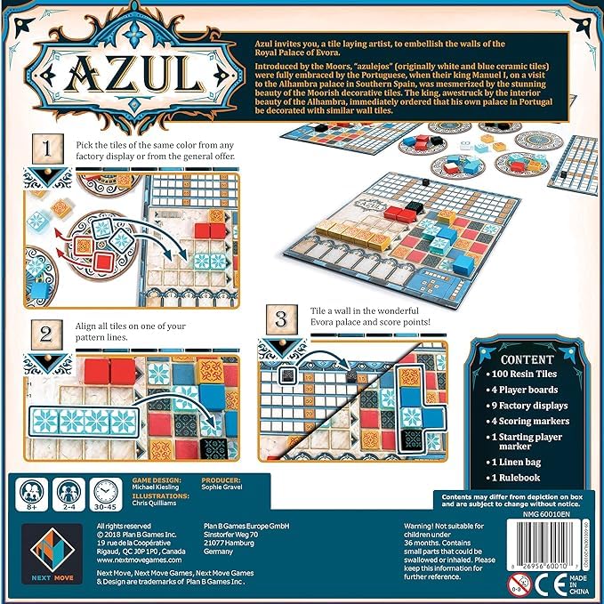 Azul Board Game - Strategy Tile Placement Game for 2-4 Players | Family Board Game for Kids & Adults Ages 8+ | 30-45 Min Playtime | Bilingual English/Spanish | Perfect for Family Game Nights & Party Gatherings | by Next Move Games