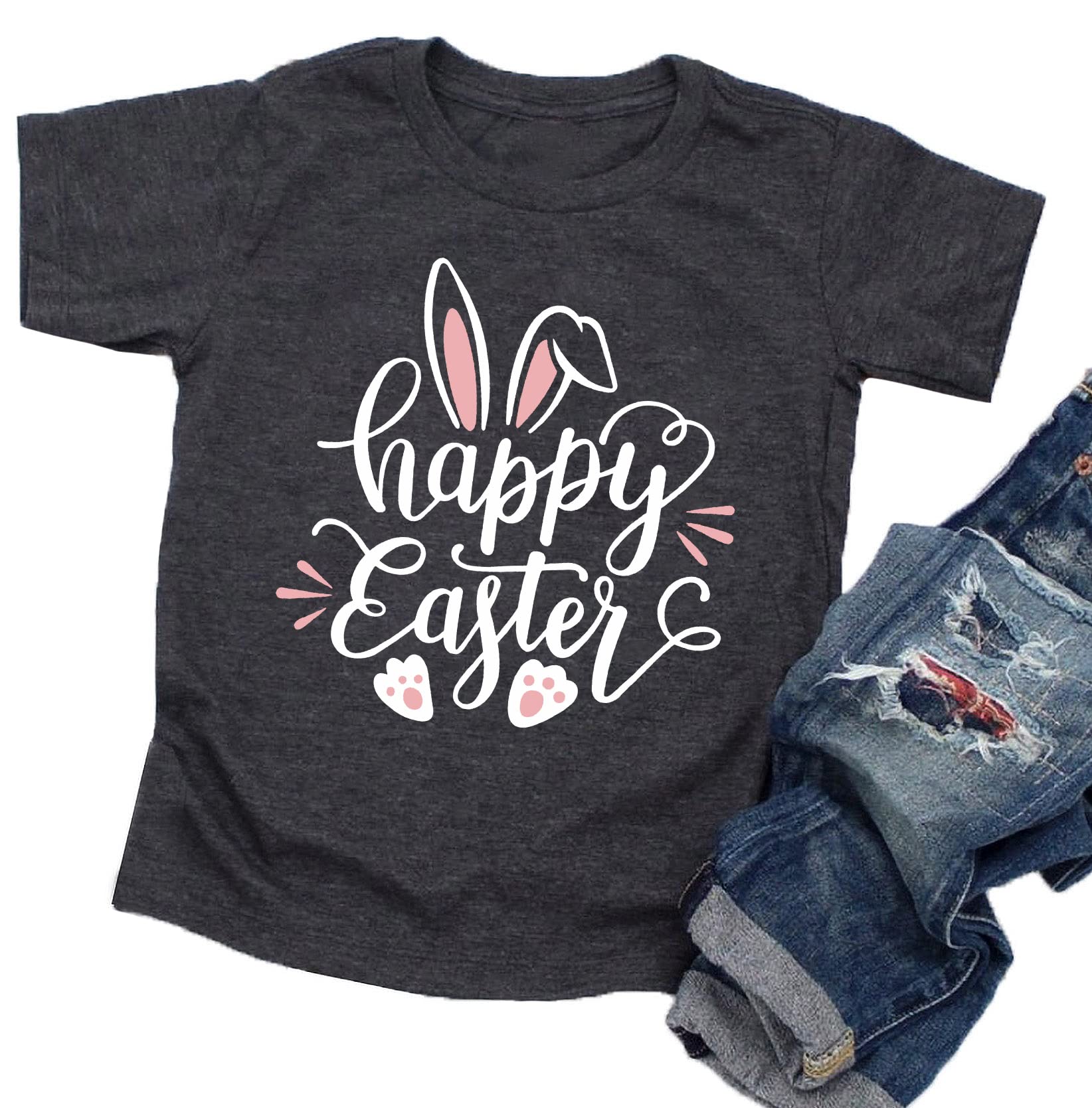 Happy Easter T-Shirt for Toddler Baby Girls & Boys - Cute Bunny Rabbit Graphic & Easter Egg Letter Print Tee - Perfect for Easter Outfits, Family Photos & Spring Celebrations
