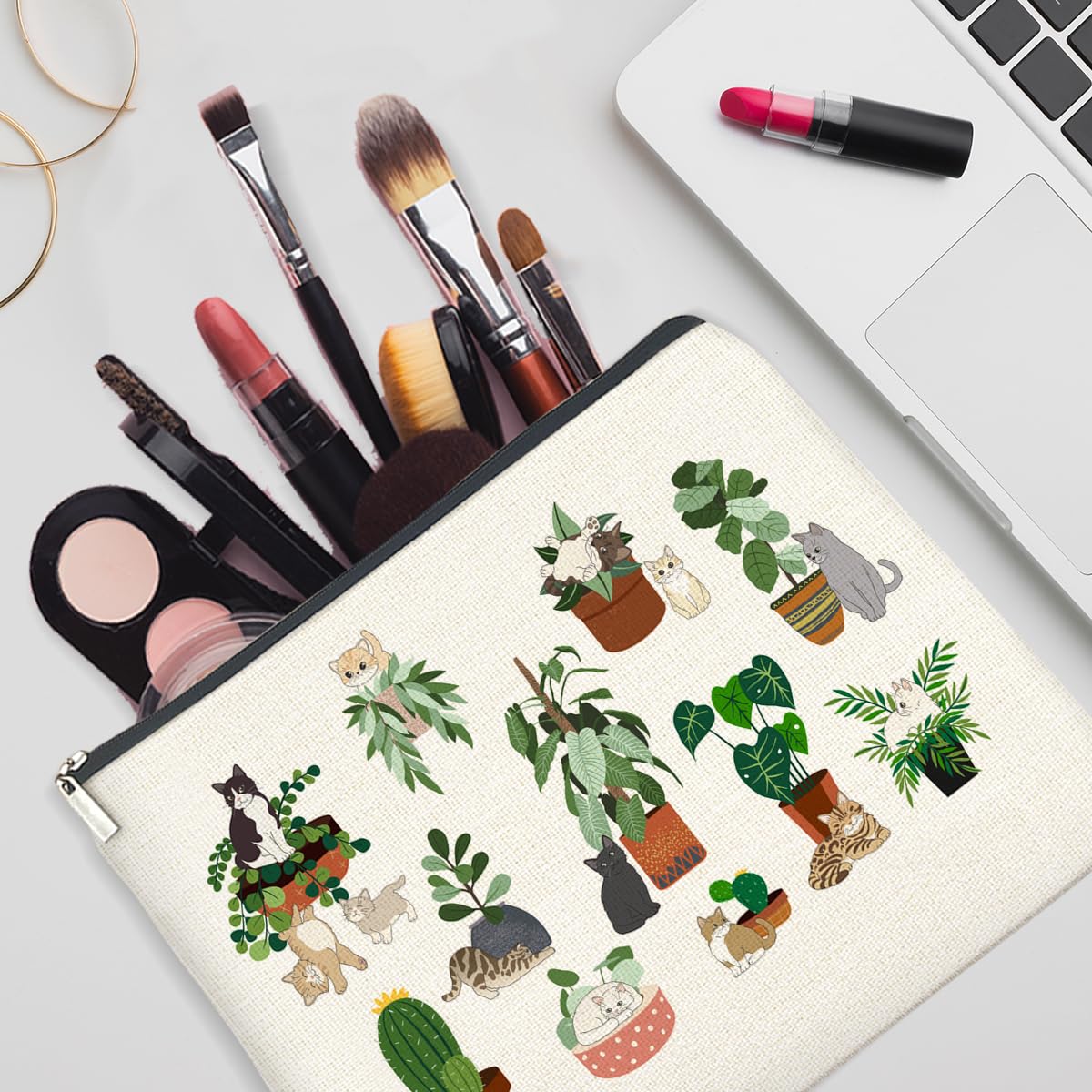 YeleY Black Cat Makeup Bag - Cute Cosmetic Pouch for Cat Lovers & Plant Enthusiasts - Perfect Gift for Women, Cat Moms - Waterproof Zippered Travel Organizer for Makeup, Toiletries & Essentials