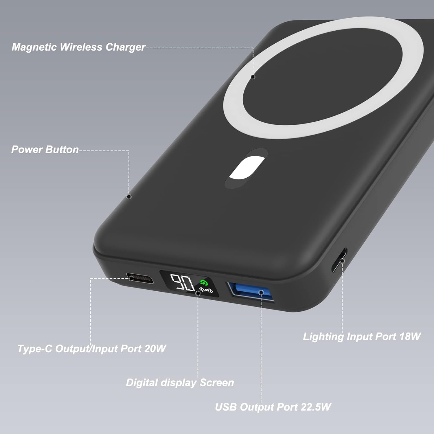 AOGUERBE 10000mAh Magnetic Wireless Power Bank with LED Display - 22.5W PD Fast Charging Foldable Portable Charger for iPhone 16/15/14/13/12 Pro/Pro Max/Plus/Mini | Includes USB-C Cable | Perfect for Travel, Work & Outdoor Activities