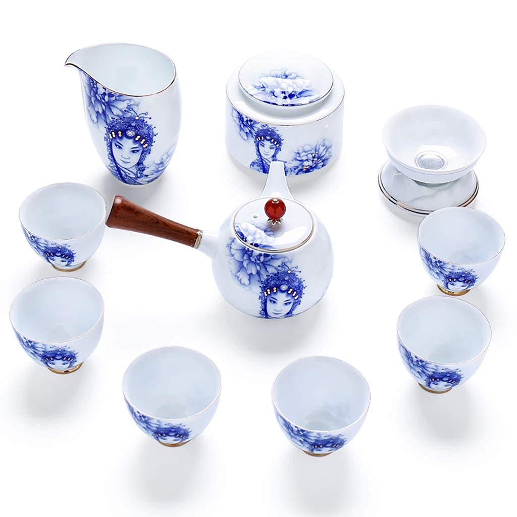 Premium Chinese Ceramic Kung Fu Tea Set - 10-Piece Blue and White Porcelain Peking Opera Design with Teapot, Cover, Bowls & Cups - Elegant Home Tea Ceremony Set for Gifts & Daily Use