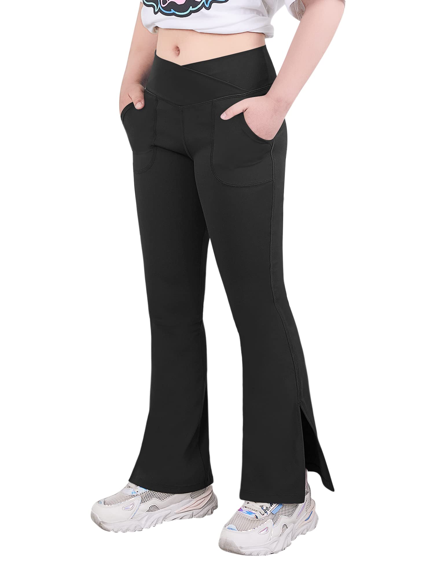 Trendy Bootcut Yoga Pants for Teen Girls - Stretchy Flare Leggings with Side Pockets & Split Hem | Perfect for School, Dance, Gym & Casual Wear