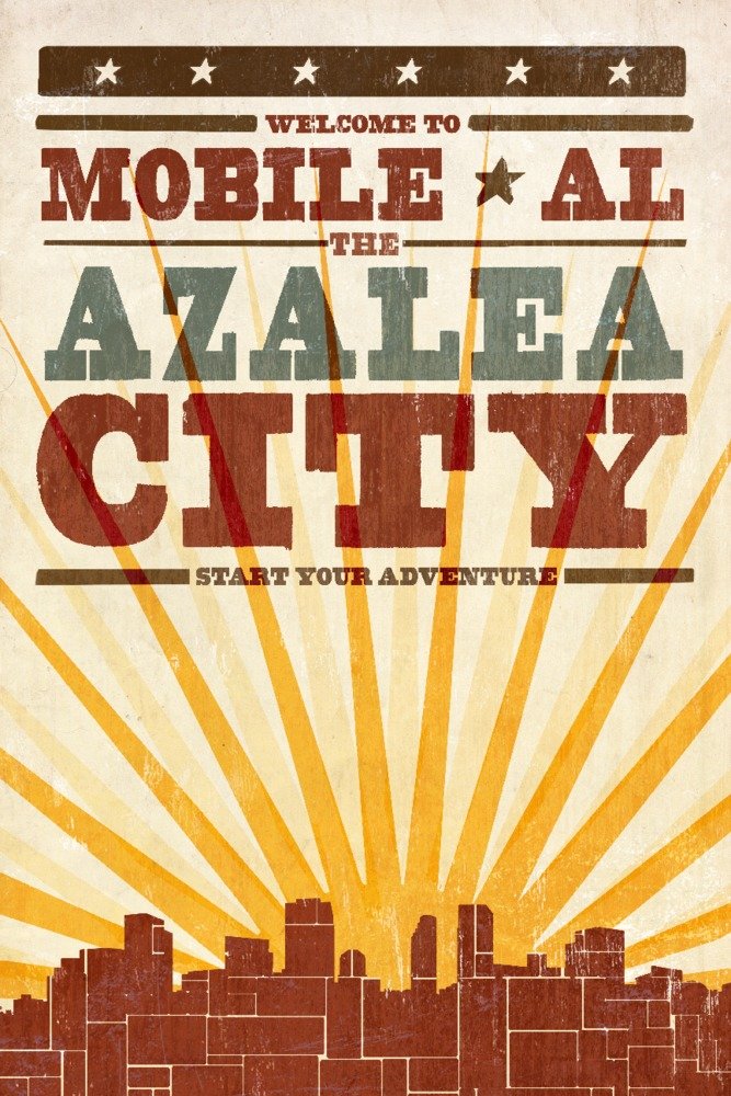 Mobile Alabama Skyline & Sunburst Screenprint Art - 24x36 Signed Wall Decor Poster for Living Room, Office & Home Decoration