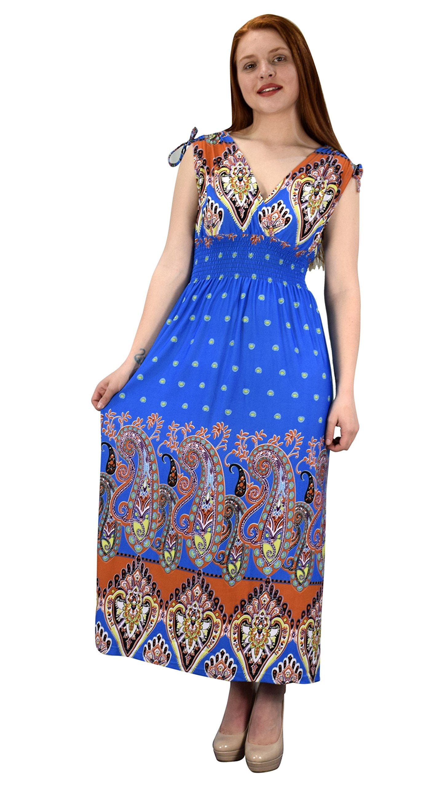 Women's Summer Exotic Floral Bohemian Tahiti Sleeveless Maxi Dress - Polka Dot Blue Small | Perfect for Beach Vacations, Music Festivals & Boho Chic Outfits