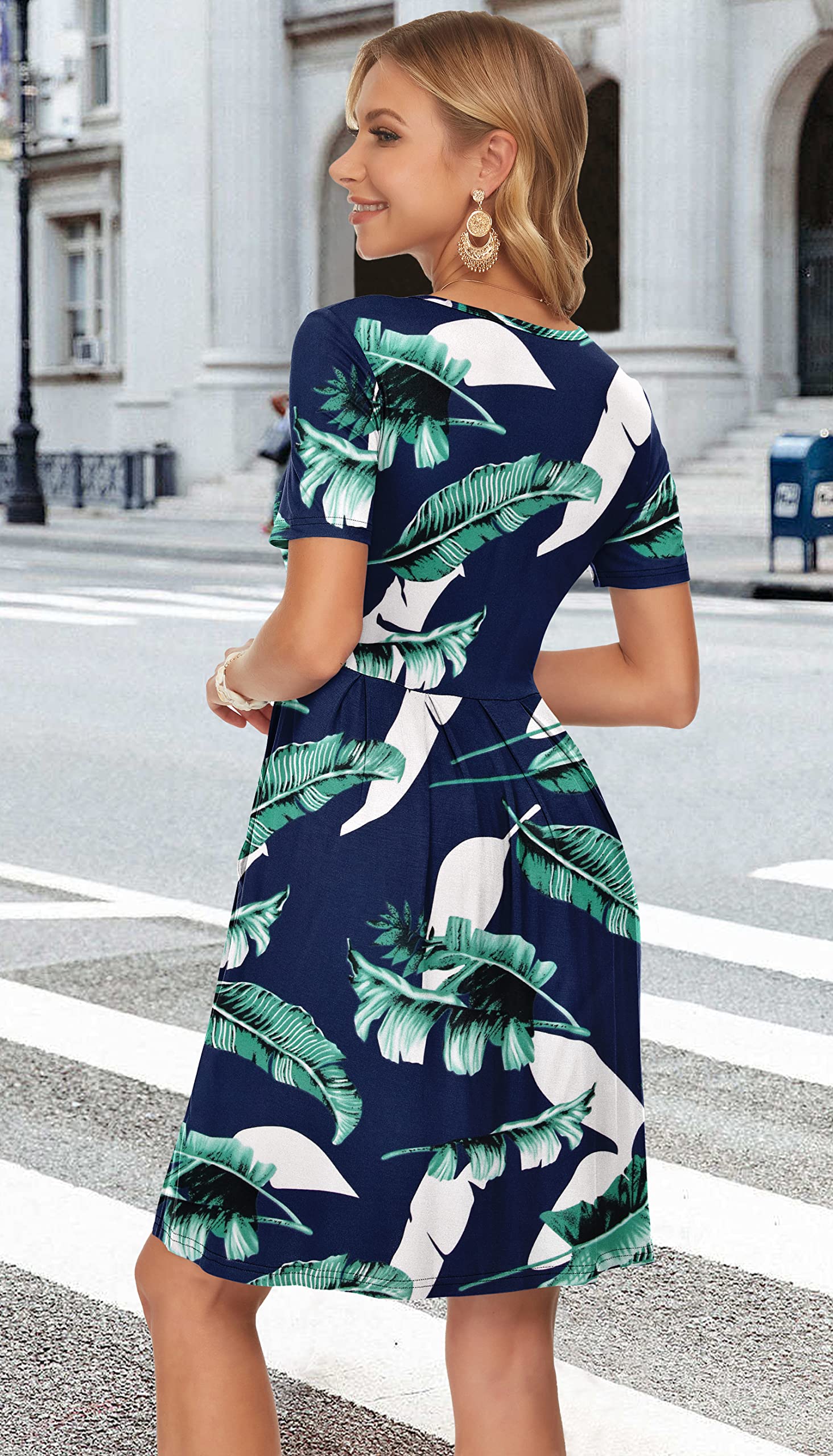 AUSELILY Women's Summer Short Sleeve Pleated Swing Dress - Loose Fit Knee Length Dress with Pockets | Casual Beach Wear, Vacation Outfit, Office Dress 2025 New