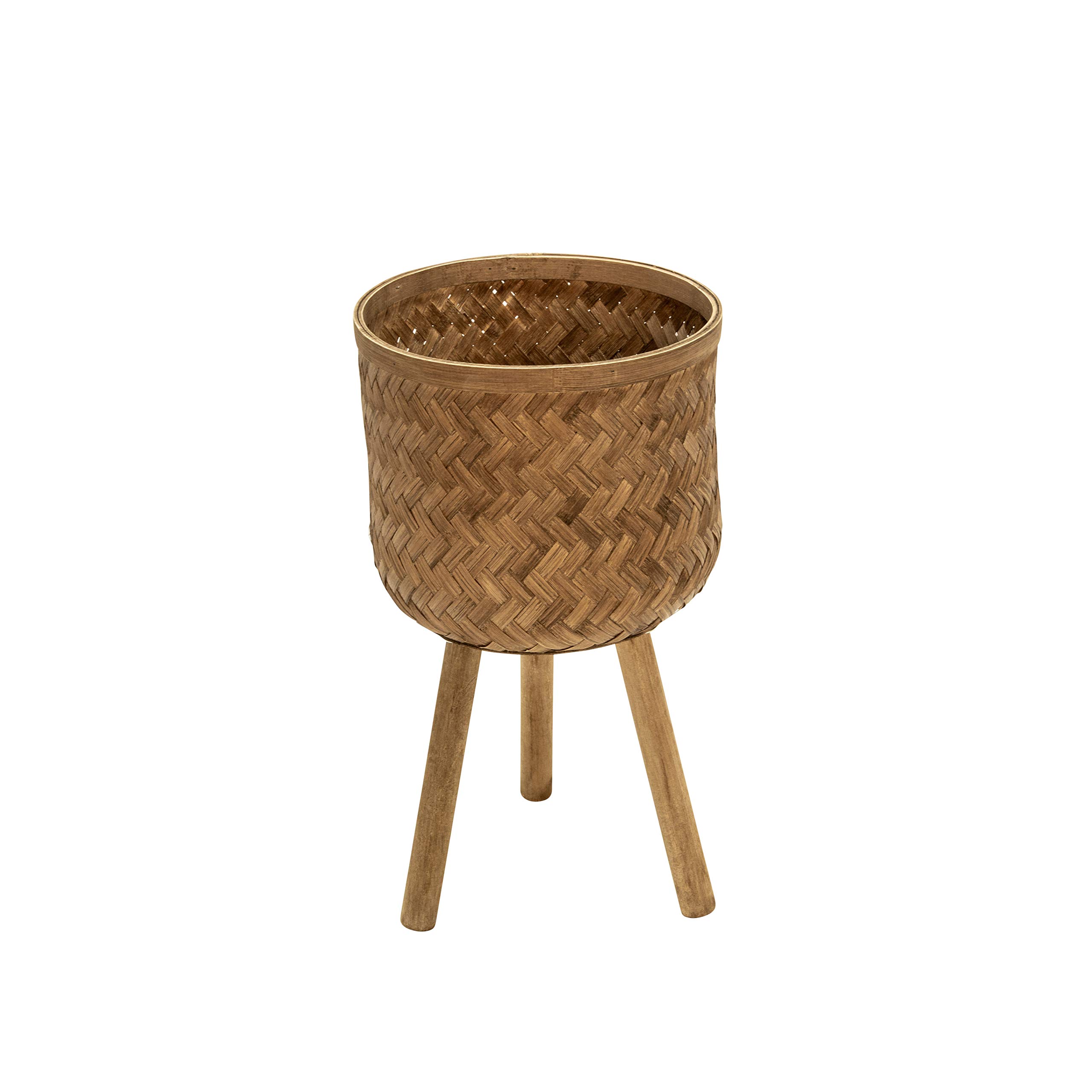 Sagebrook Home Set of 3 Wooden Planters with Stands – Natural Bamboo & Pine Plant Pots, Handwoven Brown Design for Indoor & Outdoor Decor, 22