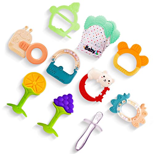 **BABY K 11-Piece Teething Toys Set for Babies 6-12 Months - Mint Green Teething Mittens, Freezable Gum Relief & Sensory Toys with Soft Nubs - Perfect for Soothing Sore Gums and Encouraging Sensory Play**