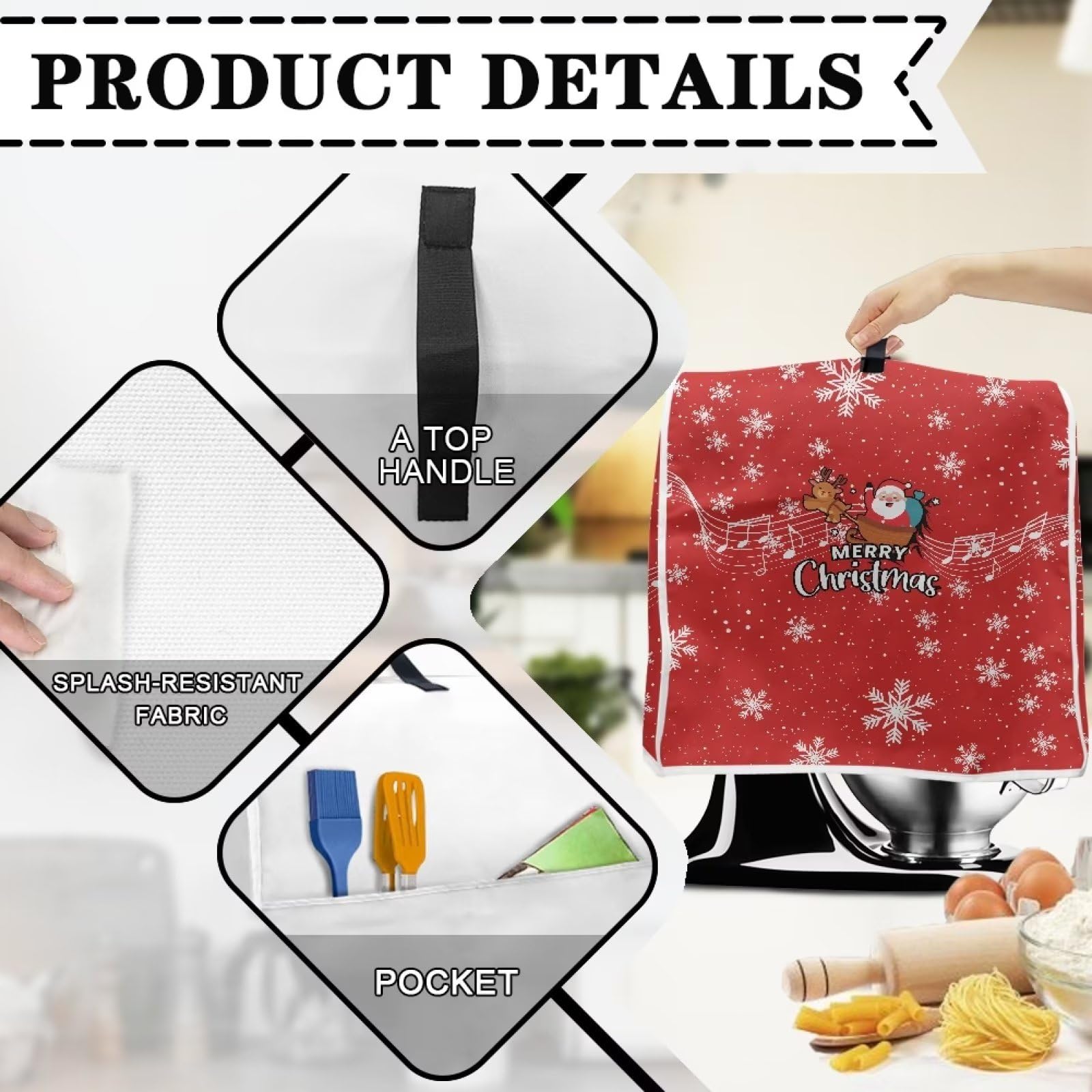 Santa Claus Christmas Stand Mixer Cover with Pockets - Stain Resistant Snowflake Design - Fits Pioneer Woman Mixers (Small Size) - Perfect for Holiday Baking & Kitchen Decor
