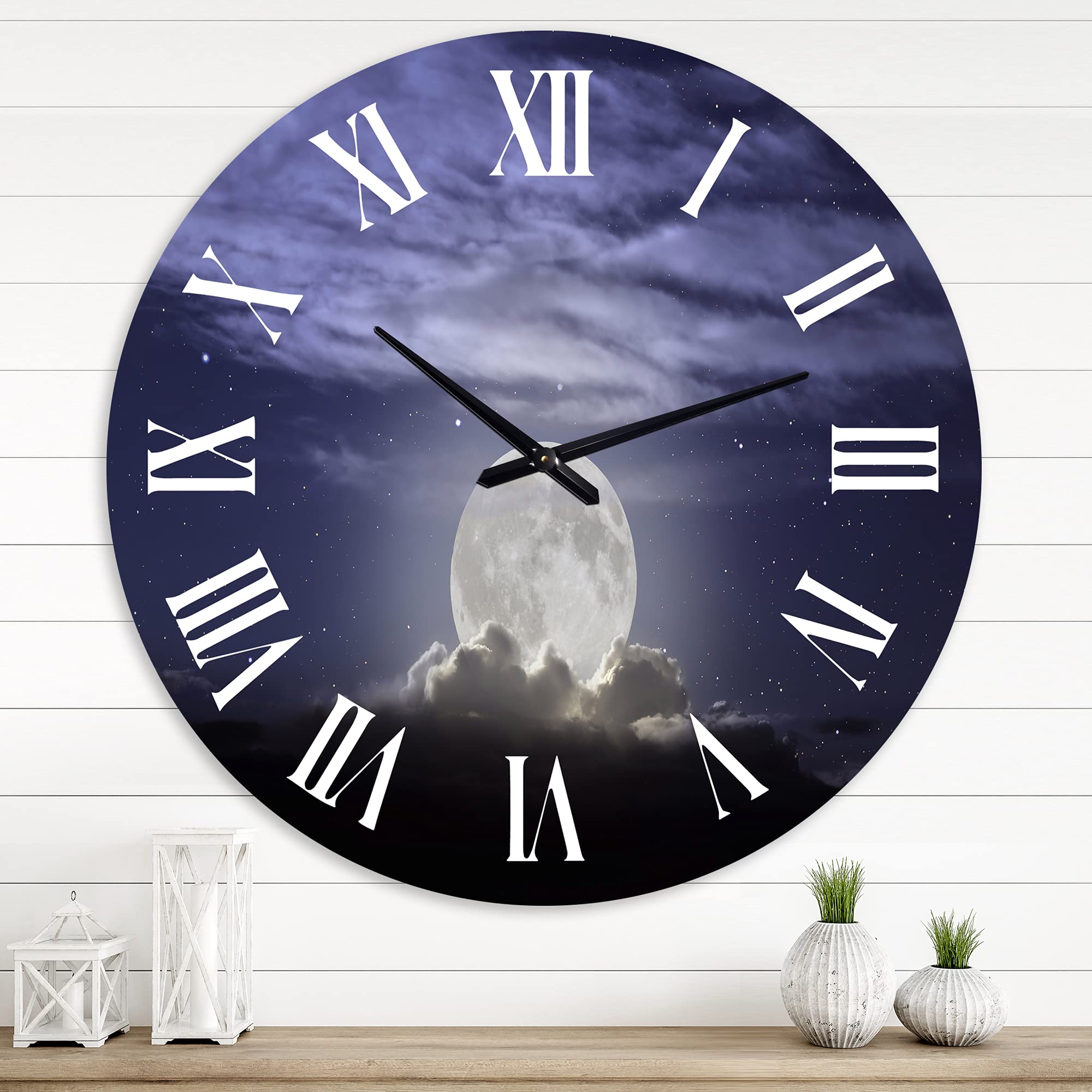 DesignQ Nautical Coastal Wall Clock - 'Full Moon Rising in Cloudy Night' Large Nature-Themed Clock for Kitchen, Living Room & Office Decor | Perfect for Beach House, Coastal & Home Interior Design