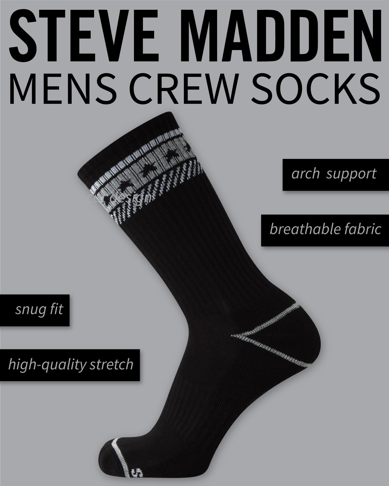 Steve Madden Men's Athletic Crew Socks 6-Pack - Performance Cushioned Workout Socks for Running, Gym & Sports - Breathable Cotton Blend (Sizes 10-13) - Perfect for Casual Wear & Active Lifestyle