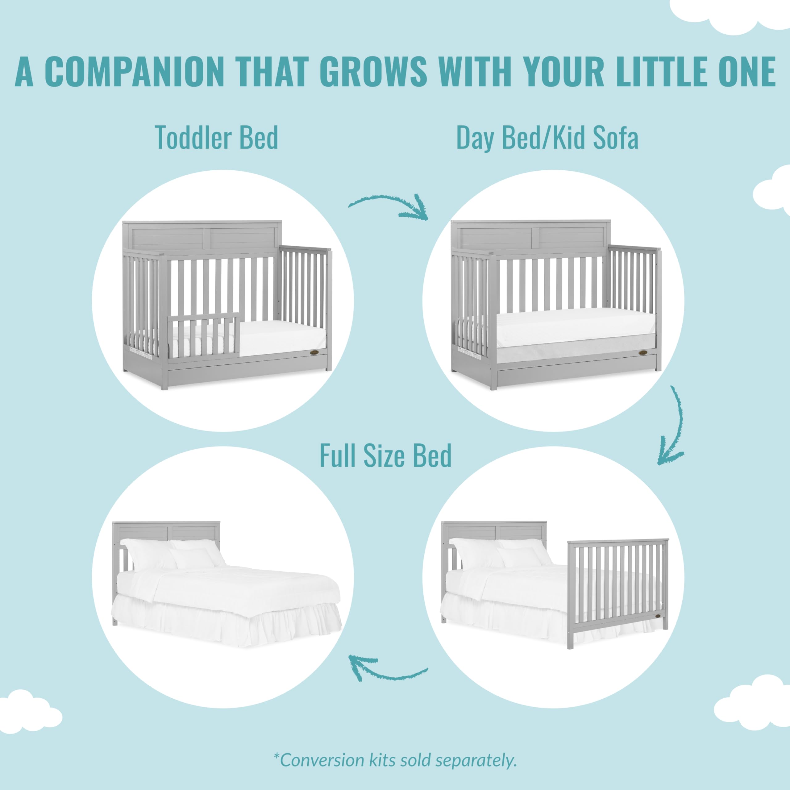 Evolur Dream On Me Reign 5-in-1 Convertible Crib with Storage Drawer | Pebble Grey Nursery Furniture | JPMA & Greenguard Gold Certified | Sustainable Pinewood Construction | Non-Toxic Water-Based Paint | Safe Baby Crib for Nursery, Bedroom & Daycare
