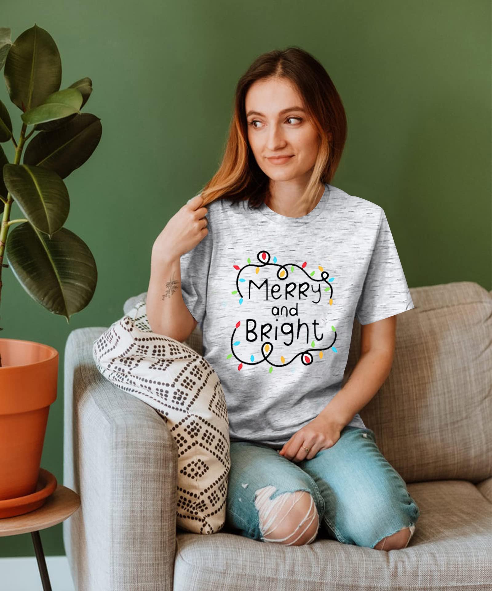 Women's Christmas Shirts - Merry and Bright Holiday Tops with Festive Lights Design | Perfect for Xmas Parties, Family Gatherings & Holiday Photos