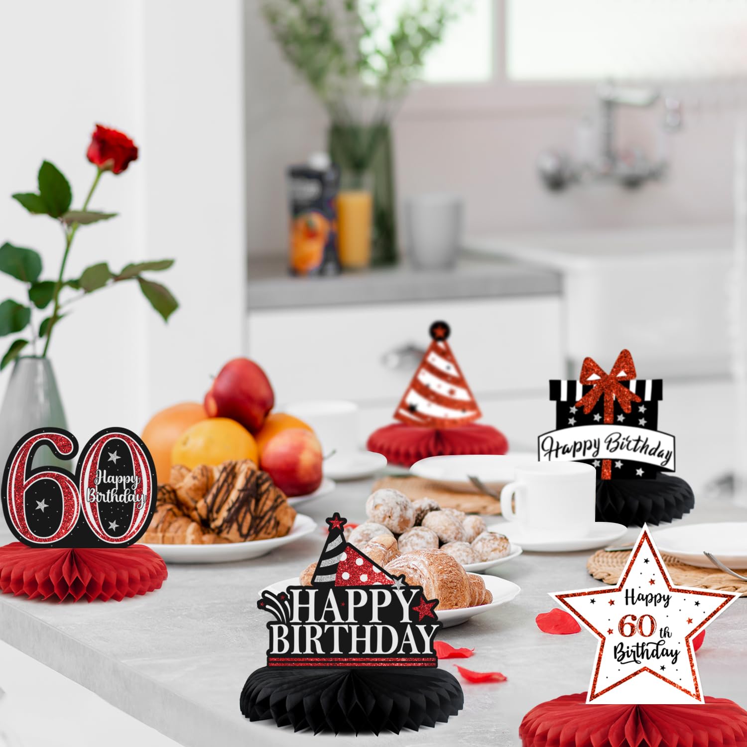 60th Birthday Party Decorations - Glitter Shiny Honeycomb Table Centerpieces for Sixty Years Old Celebration - Red Glitter Photoprop Sign - Perfect for Milestone Birthday Parties, Retirement Celebrations & Anniversary Events