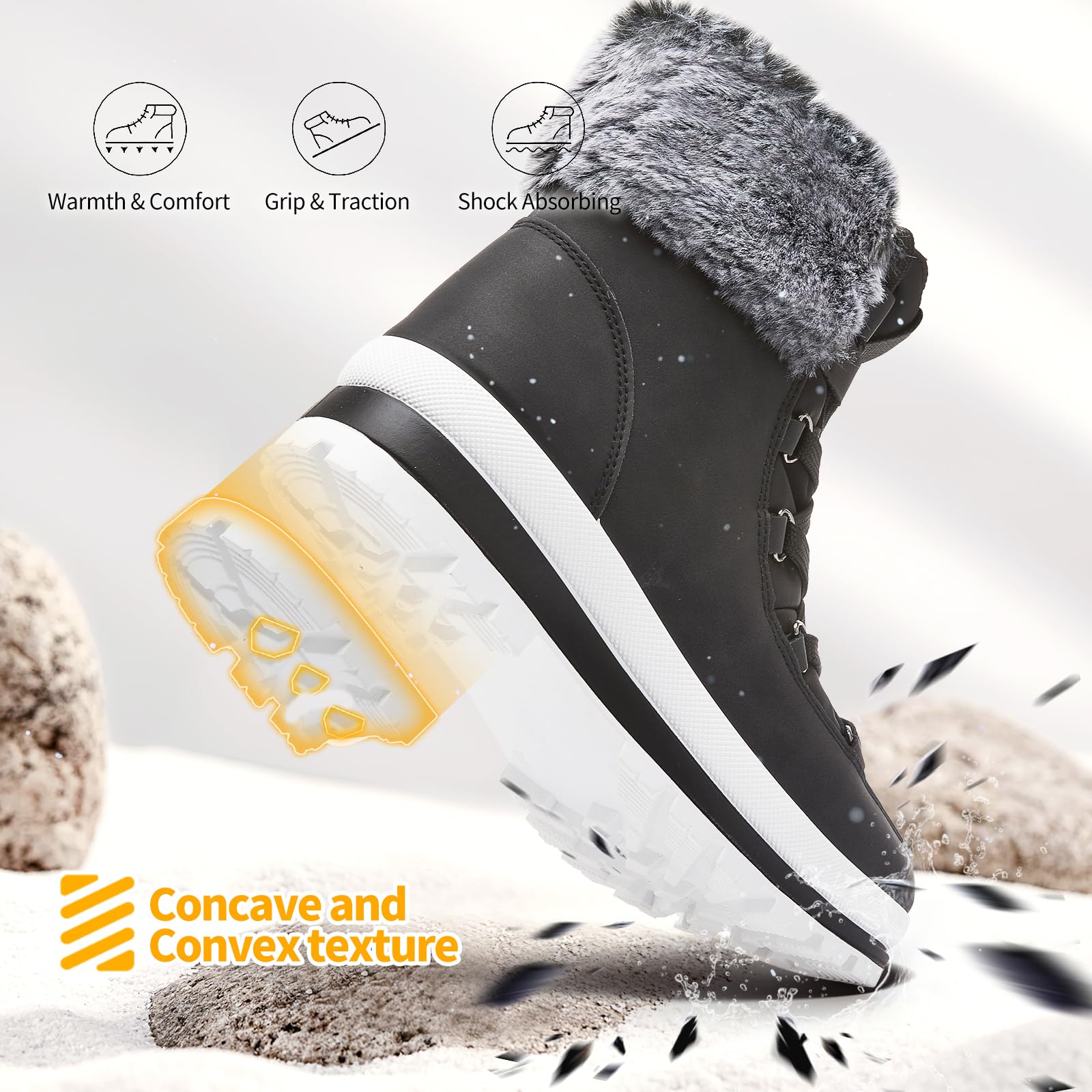 Women's Fuzzy Mid-Calf Snow Boots - Waterproof Winter Combat Boots with Non-Slip Sole & Zipper Closure (Black/White) | Perfect for Snowy Days, Outdoor Adventures & Casual Winter Fashion