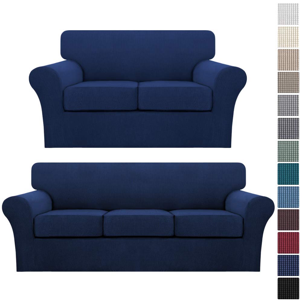 Turquoise Navy Blue 3-Piece Sofa Cover Set - Stretchable Slipcover for 3-Seater Couch & 2-Seater Loveseat - Perfect for Living Room, Family Room & Home Decor Protection
