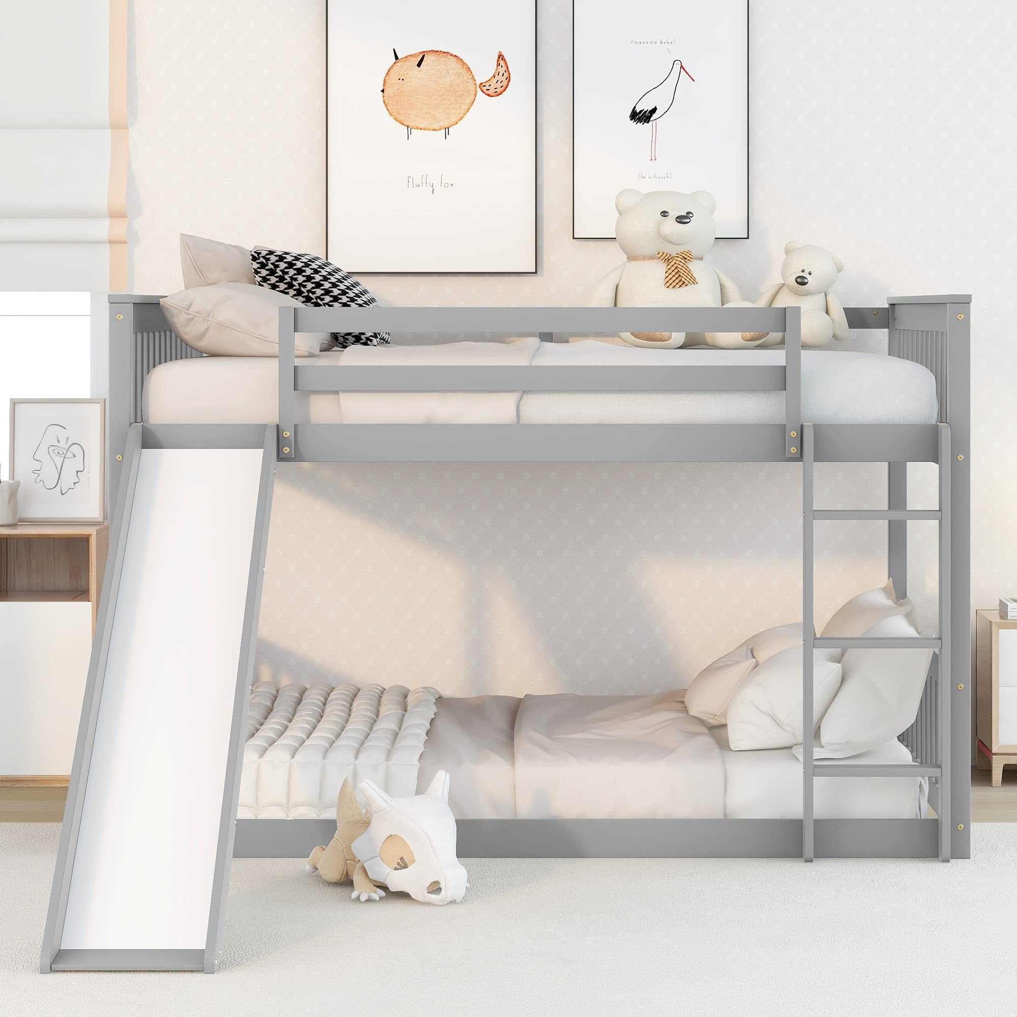 SOFTSEA Full Over Full Bunk Bed with Slide & Ladder - Low Profile Kids Bunk Bed with Safety Guardrails - Solid Wood Frame Twin Bunk Bed in Gray - Perfect for Small Bedrooms, Kids' Rooms & Sleepovers
