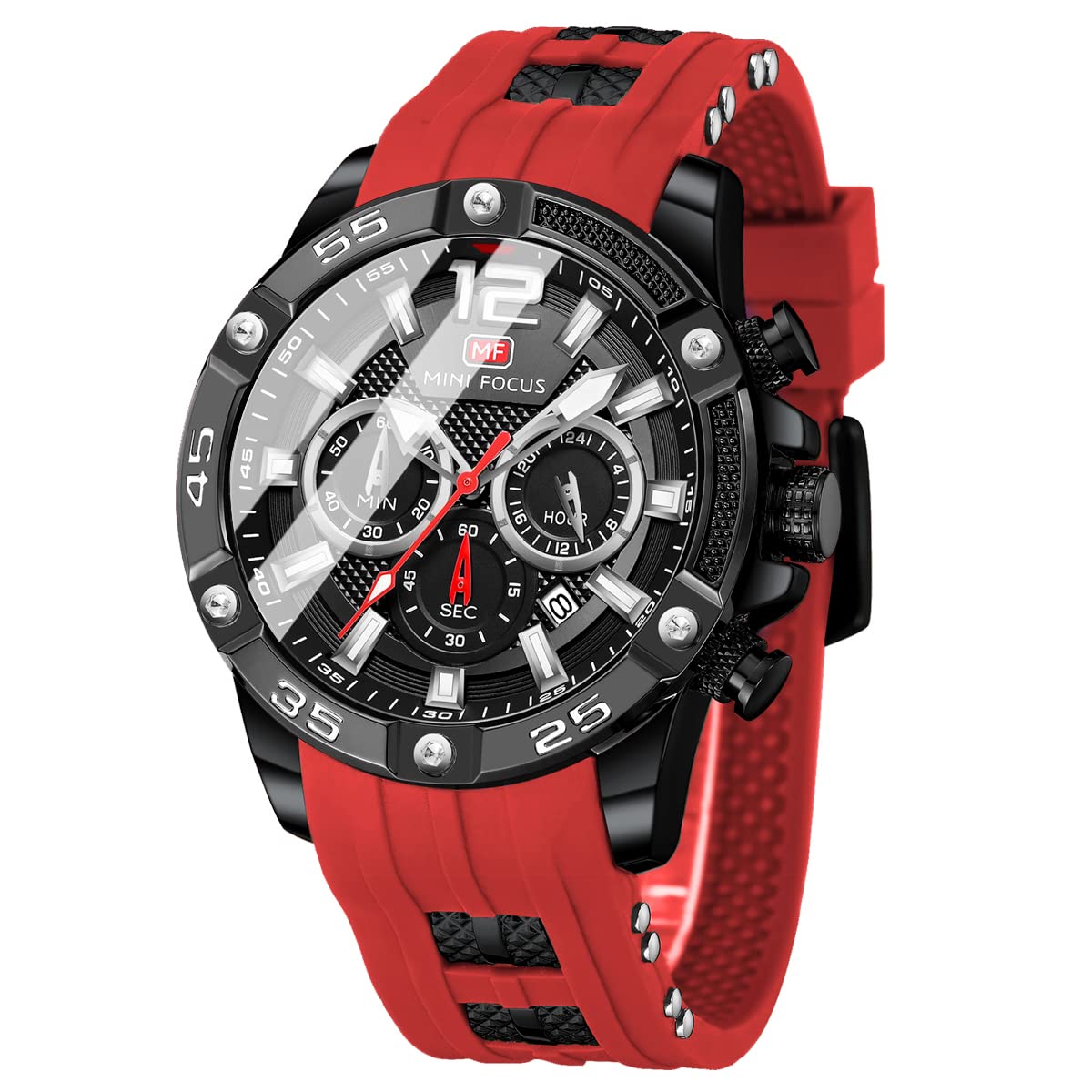 MF MINI FOCUS Men's Chronograph Waterproof Sports Watch - Analog Quartz Wristwatch with Silicone Strap - Durable Fashion Watch for Men - Perfect for Running, Swimming & Outdoor Activities