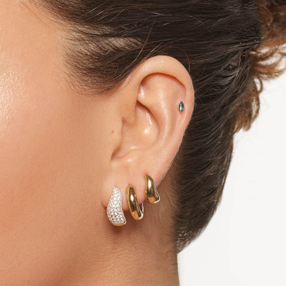 14K Gold White Topaz Wave Huggie Hoop Earrings for Women - Elegant Dome Pave Design for Parties, Weddings & Everyday Wear