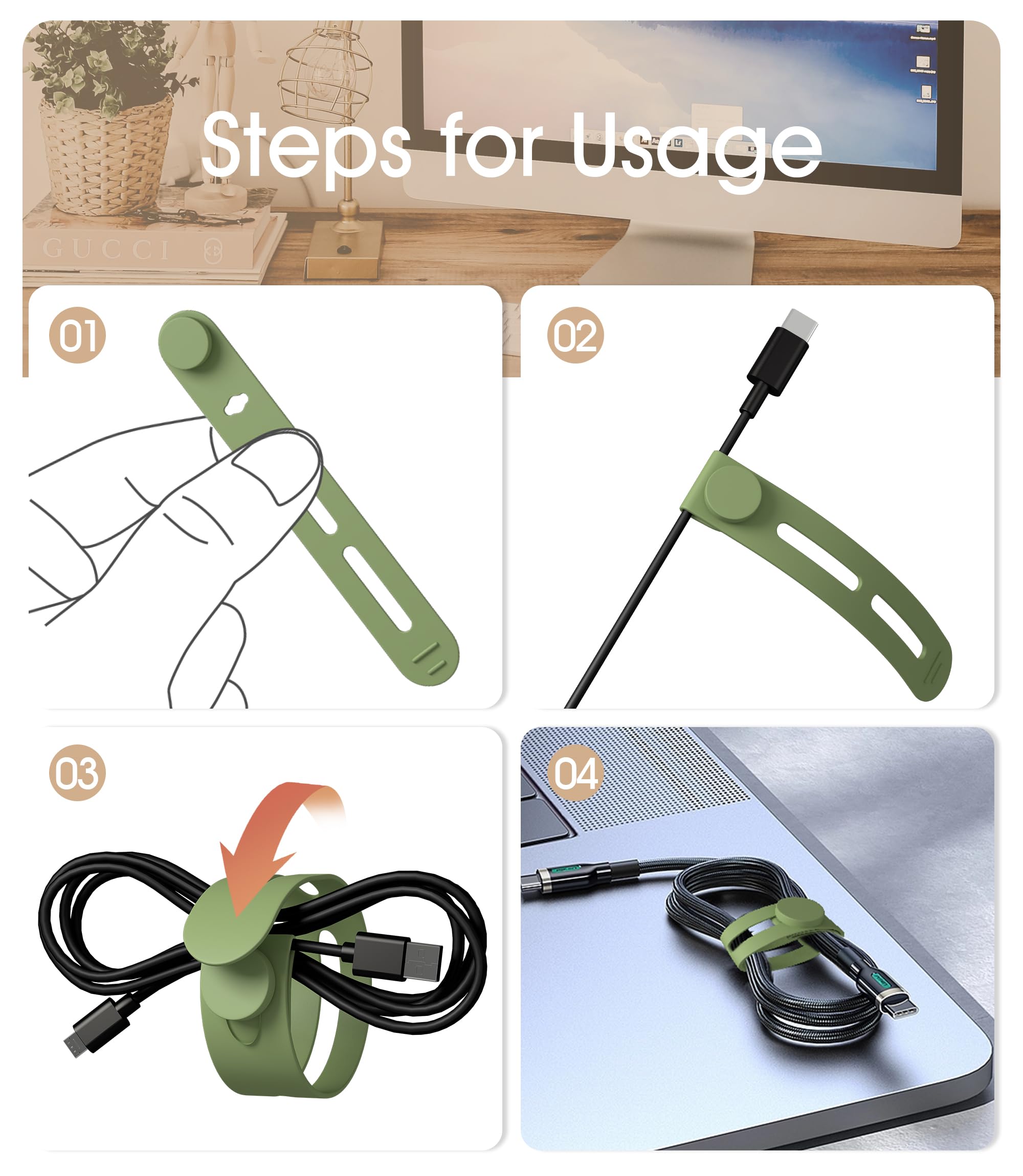 Adjustable Silicone Cable Ties 40pcs - Reusable Cord Organizer for Charging Cords, Earphones & Computer Wires - Perfect for Office Desk & Travel Accessories