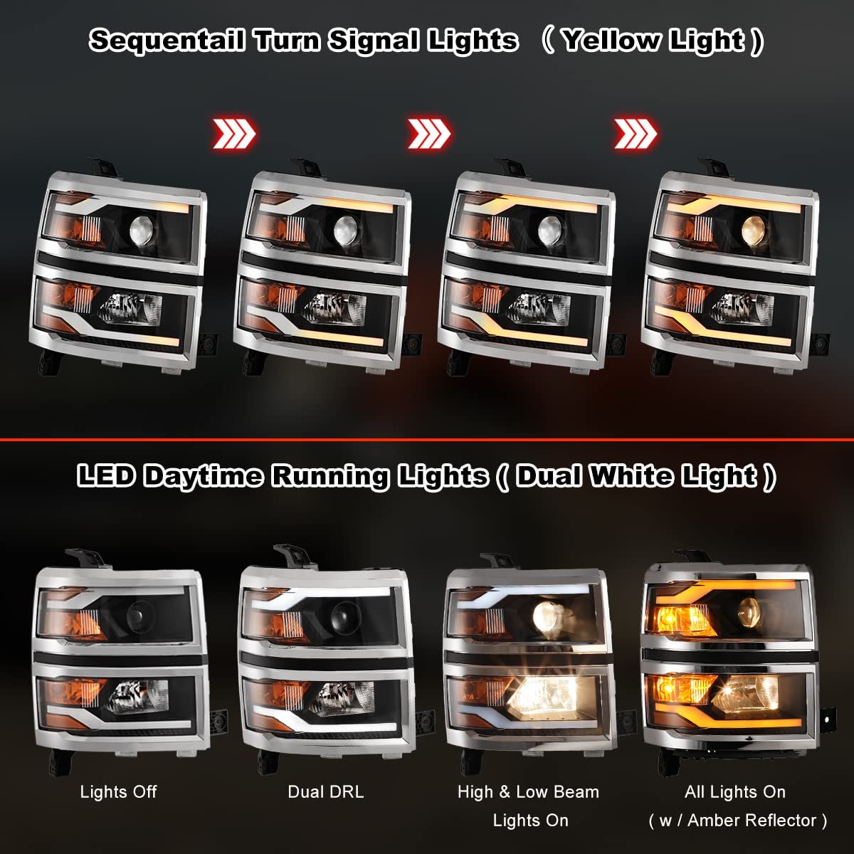 Winjet LED Projector Headlights Assembly for 2014-2015 Chevrolet Silverado 1500 - Functional Headlamps with DRL, Dual Beam, Sequential Turn Signal & Amber Reflector - Direct Replacement Pair (Perfect for Night Driving & Off-Road Adventures)