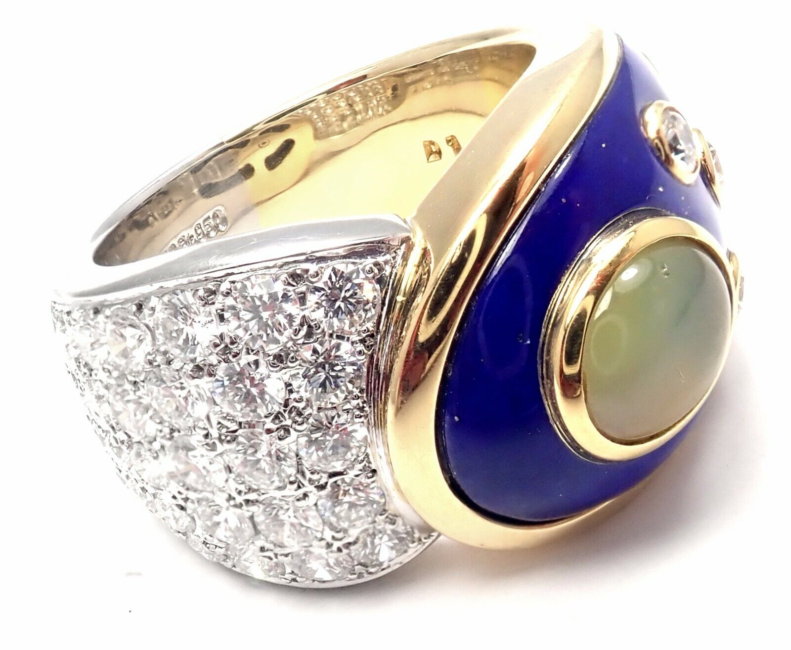 Authentic Mikimoto Platinum & 18K Gold Diamond Cat's Eye Enamel Band Ring - Luxury Jewelry for Women, Elegant Gift for Anniversary, Wedding & Special Occasions