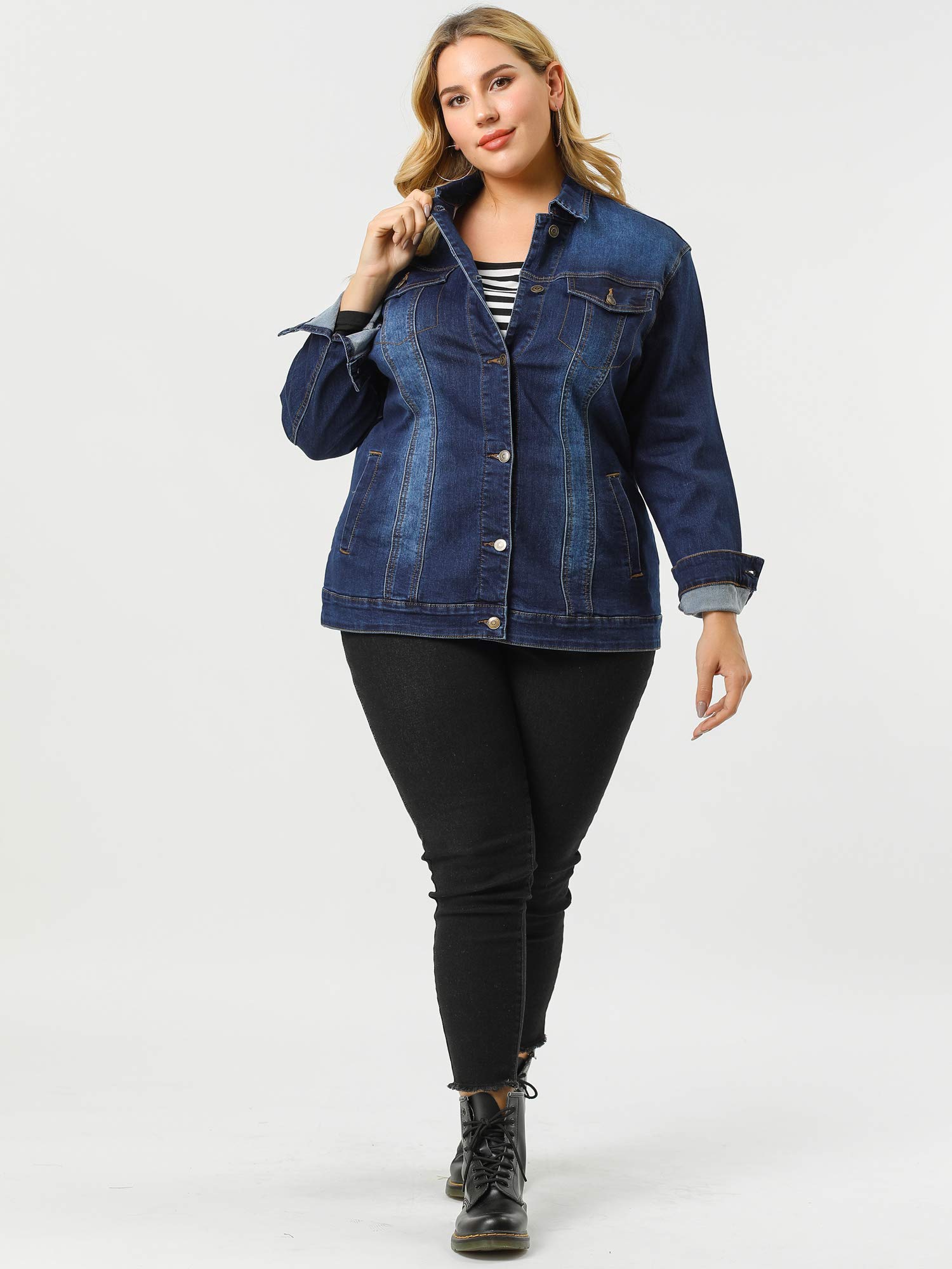 Women's Plus Size Denim Jean Jacket - Distressed Washed Button Front Stitching Design for Casual Outfits & Streetwear Fashion