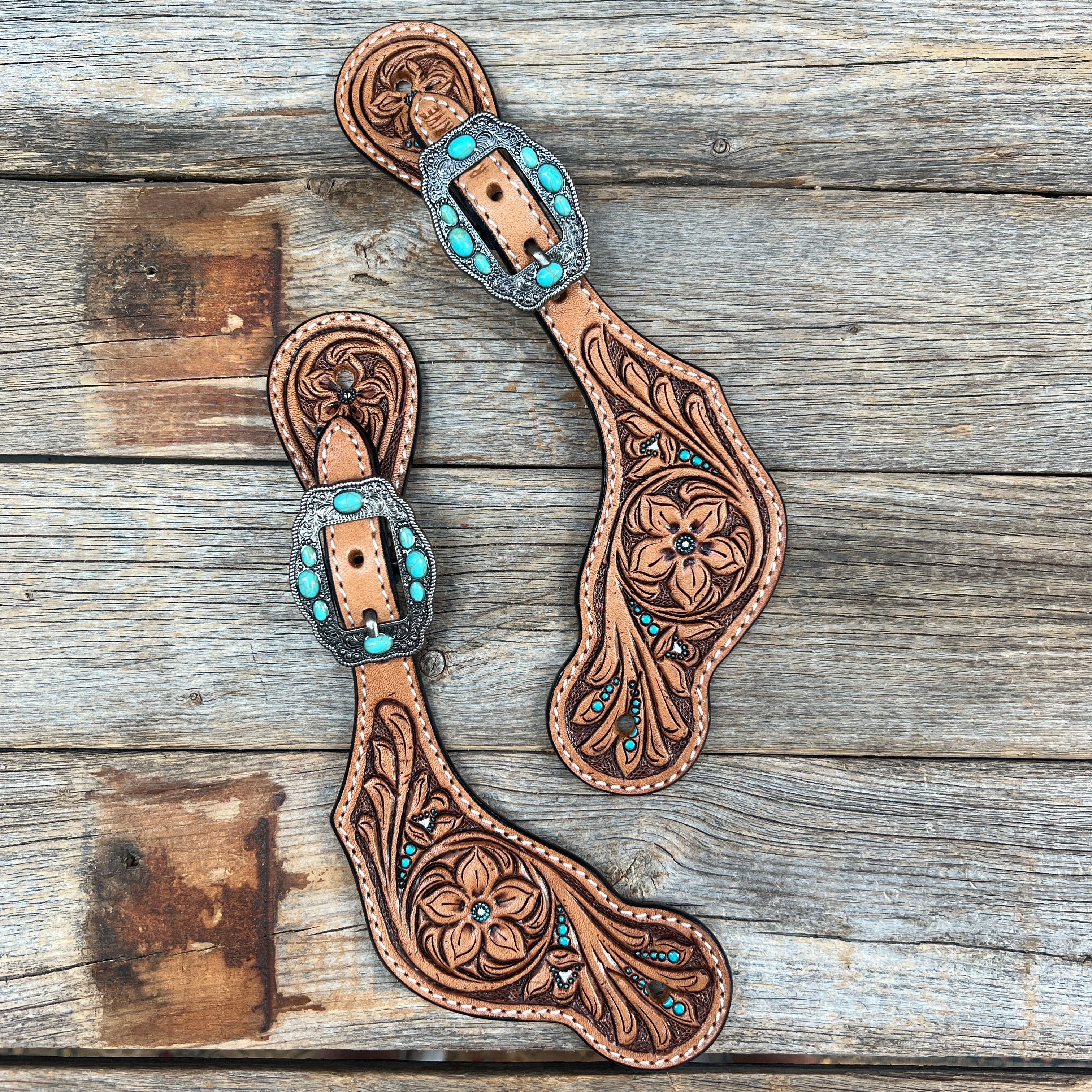 Vintage Floral Teal Dot Antique Silver Turquoise Cowboy Spur Straps #SS125 - Perfect for Western Rodeo, Horse Riding & Country Fashion Accessories