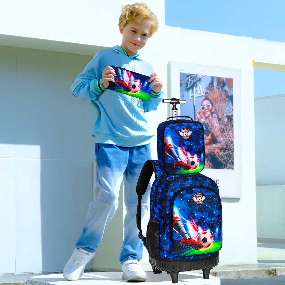 CCJPX 3PCS Rolling Backpack for Boys - 21 Inch Water Resistant Wheeled Soccer Backpack with Roller Wheels, Durable Football Bookbag for Teens & Elementary School Students - Perfect for Travel, Sports & Daily Use - Blue