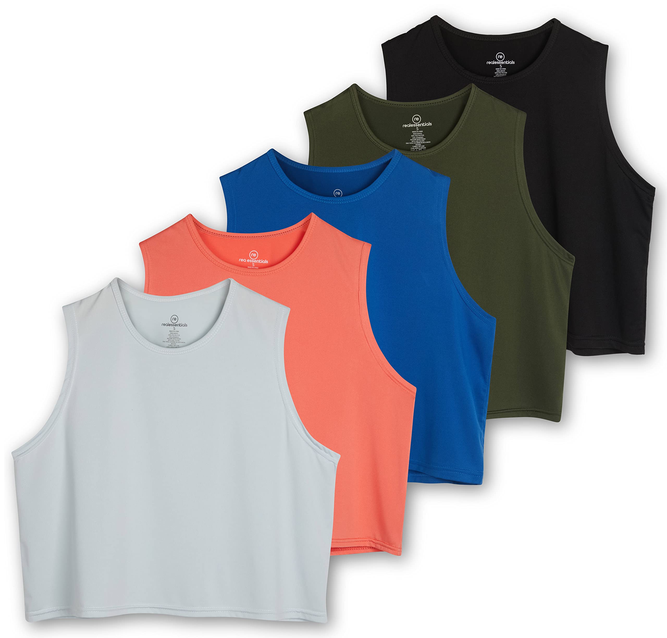 Real Essentials 5 Pack Women's Dry Fit Crop Summer Tank Tops - Breathable Moisture Wicking Gym Yoga Workout Sports Tees for Women (Plus Size Available) | Perfect for Running, Pilates & Casual Summer Wear