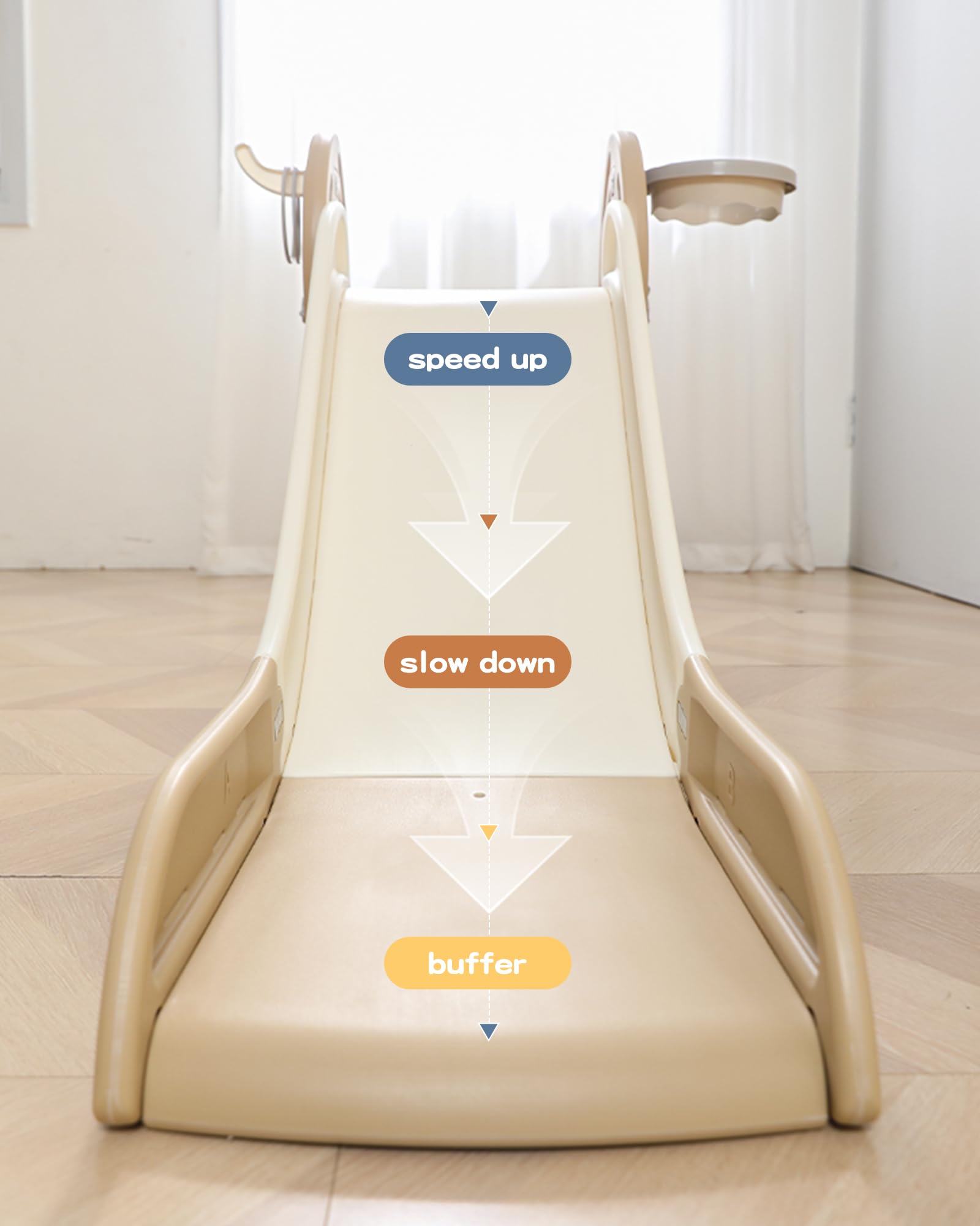4-in-1 Foldable Toddler Slide with Basketball Hoop | Indoor & Outdoor Plastic Play Slide for Kids Ages 1-3 | Perfect for Backyard, Playroom & Birthday Parties (Brown)