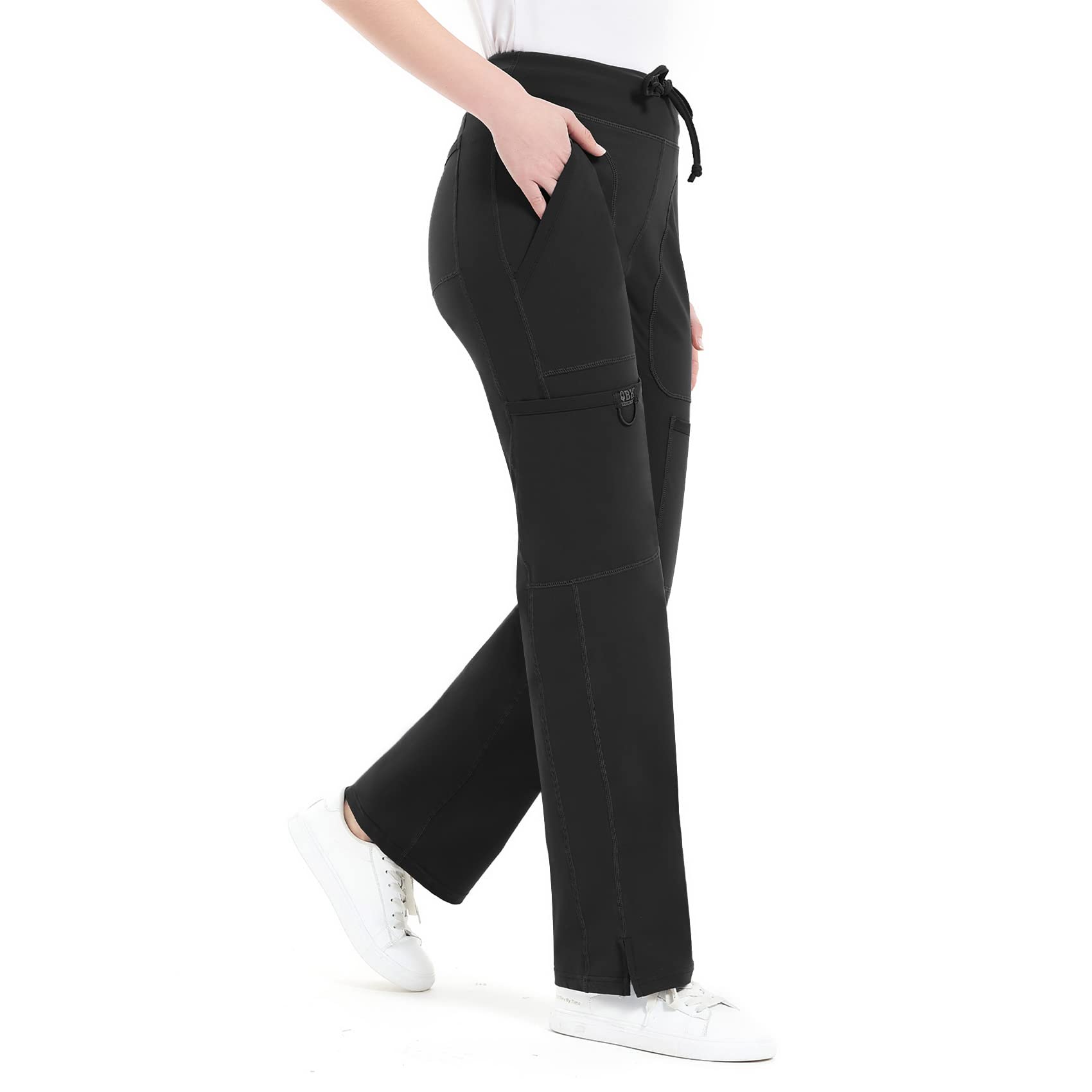 QBK Women's Mid Rise Yoga Scrub Pants - 5 Pocket Cargo Work Pants for Yoga, Nursing & Outdoor Activities | Comfortable Stretchy Medical Scrubs