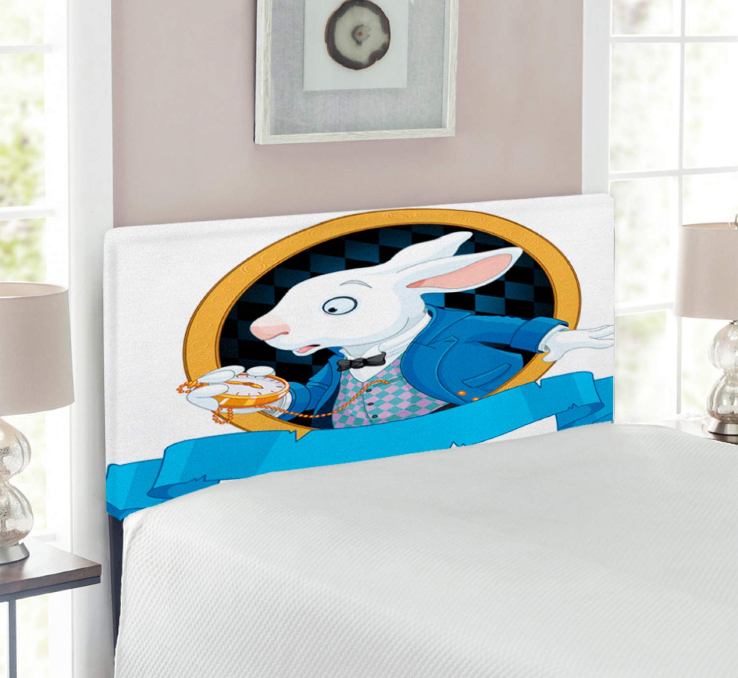 Ambesonne Alice in Wonderland Headboard - Rabbit Pocket Watch Design Upholstered Metal Bed Frame with Memory Foam | Twin Size Blue White Earth Yellow | Perfect for Kids' Rooms, Fantasy Themed Bedrooms & Alice in Wonderland Decor