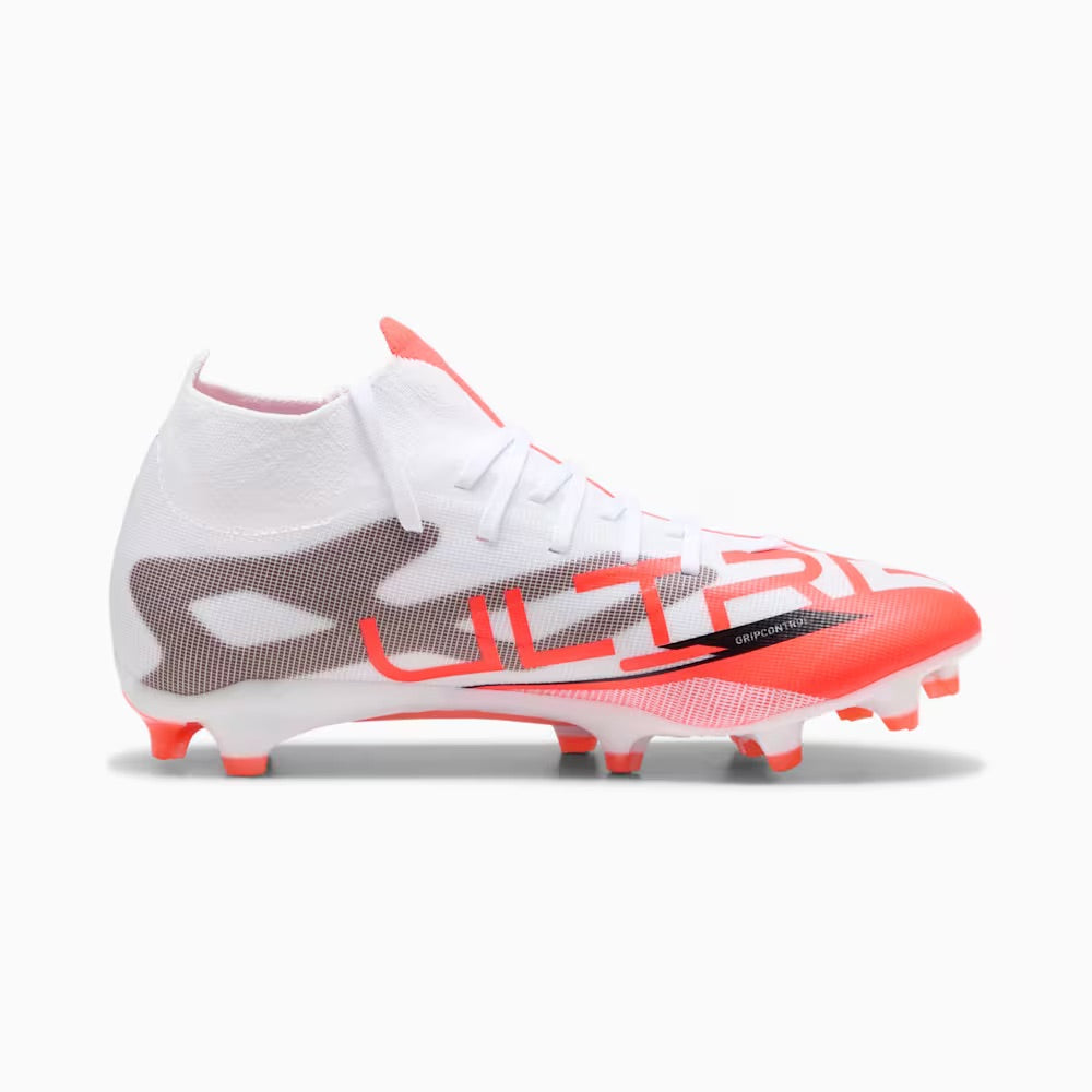 Puma Ultra 5 Match+ FG/AG Women's Soccer Cleats - White/Black/Glowing Red | Lightweight Football Shoes for Women | Perfect for Competitive Matches & Training Sessions