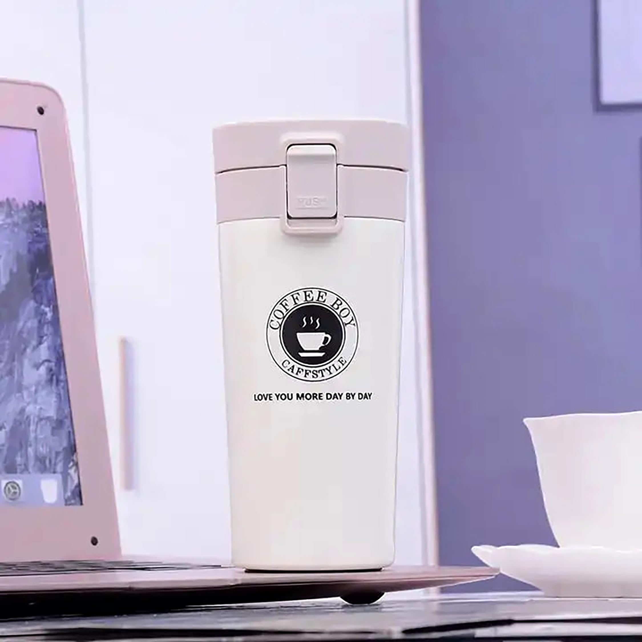 Premium Stainless Steel Vacuum Insulated Coffee Travel Mug - 380ml Leakproof Flip Lid Tumbler for Hot & Cold Beverages, Keeps Coffee & Tea Warm for Hours - Perfect for Travel, Office, School, Camping & Commuting (White)