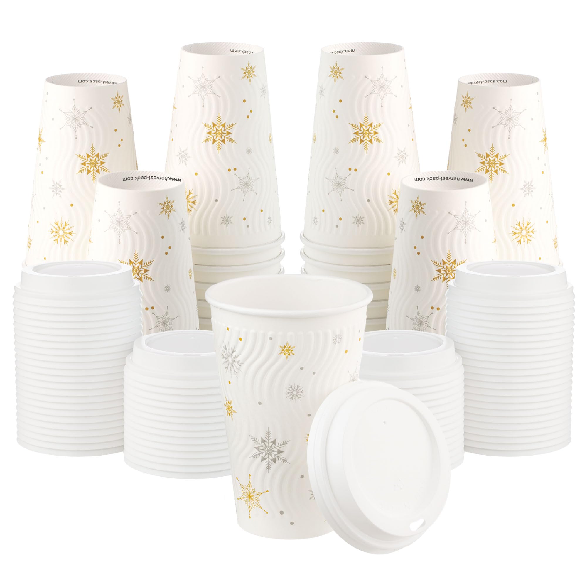 [400 SET] 16 oz Christmas Coffee Cups with Lids - White Snowflake Winter Disposable Paper Cups, Insulated Ripple Wall Design, XMAS Gold & Silver Foil - Perfect for Hot Chocolate, Holiday Parties & Office Gatherings