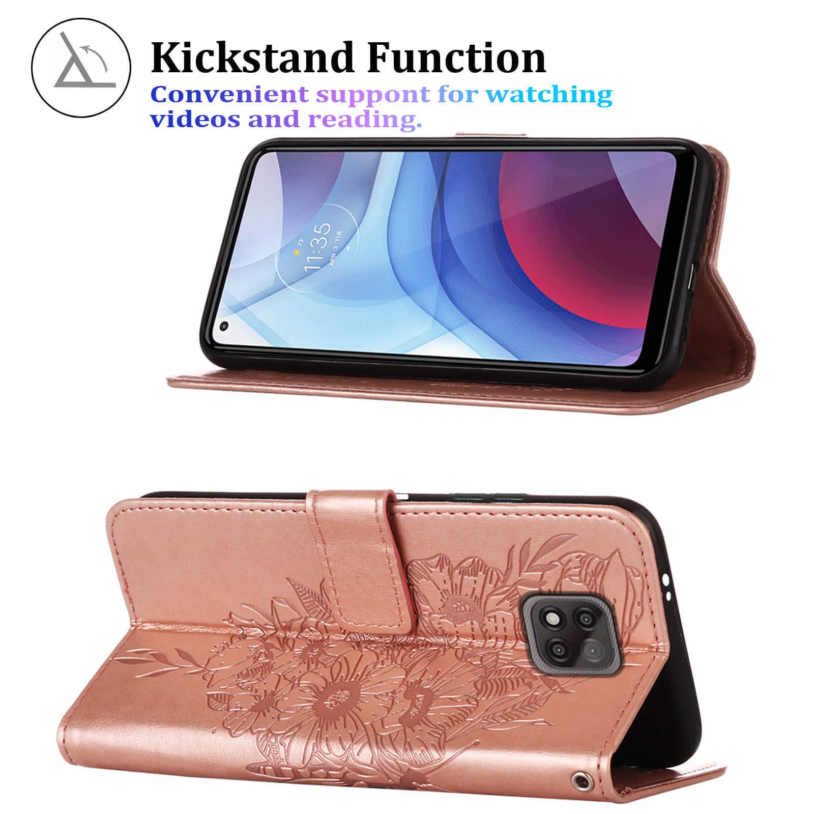 Premium Leather Wallet Phone Case for Moto G Power 2021 - Floral Embossed Butterfly Design with Wrist Strap, Card Holder & Kickstand (Rose Gold) | Protective Flip Cover for Everyday Use & Travel