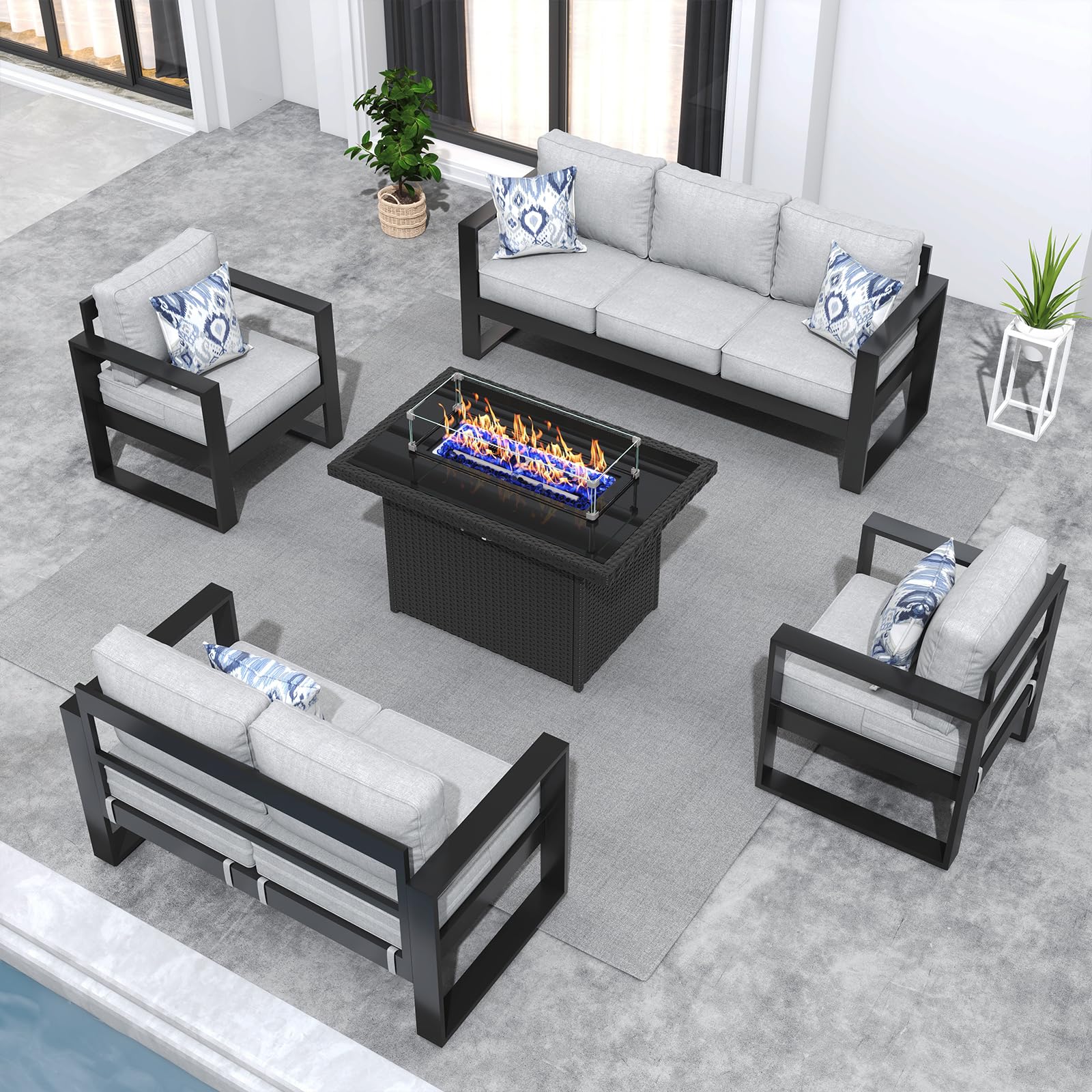 5-Piece Modern Aluminum Patio Furniture Set with Fire Pit Table - Outdoor Sectional Conversation Set with Olefin Cushions - Perfect for Backyard, Garden, Poolside & Patio Relaxation