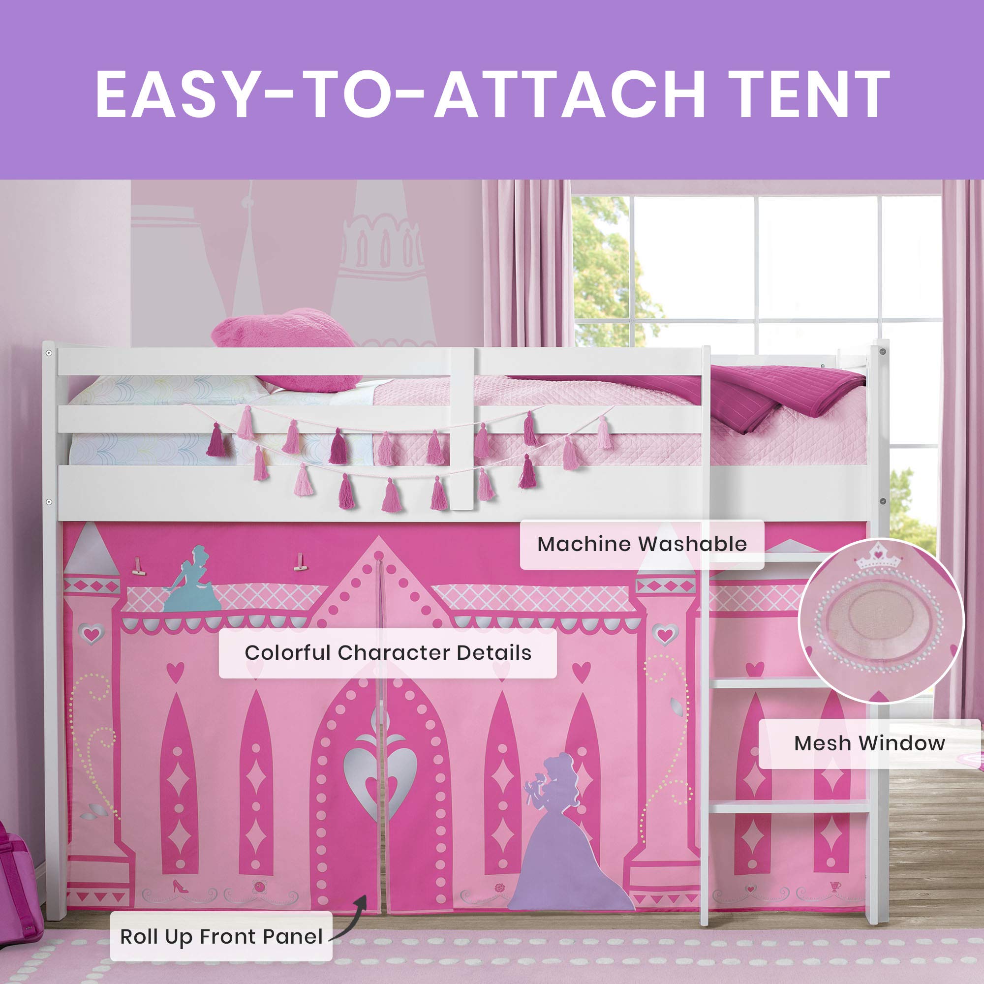 Disney Princess Loft Bed Tent Curtain Set for Low Twin Beds - Kids' Bedroom Decor & Playhouse for Girls' Sleepover Fun