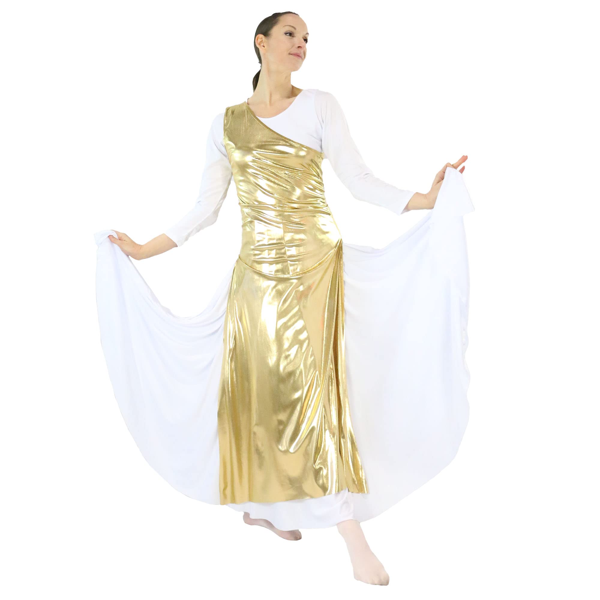 Danzcue Women's Metallic Worship Dance Tunic with Side Slits - Flowy Church Dance Top for Contemporary Worship & Ballet Performance (White Dress Not Included)