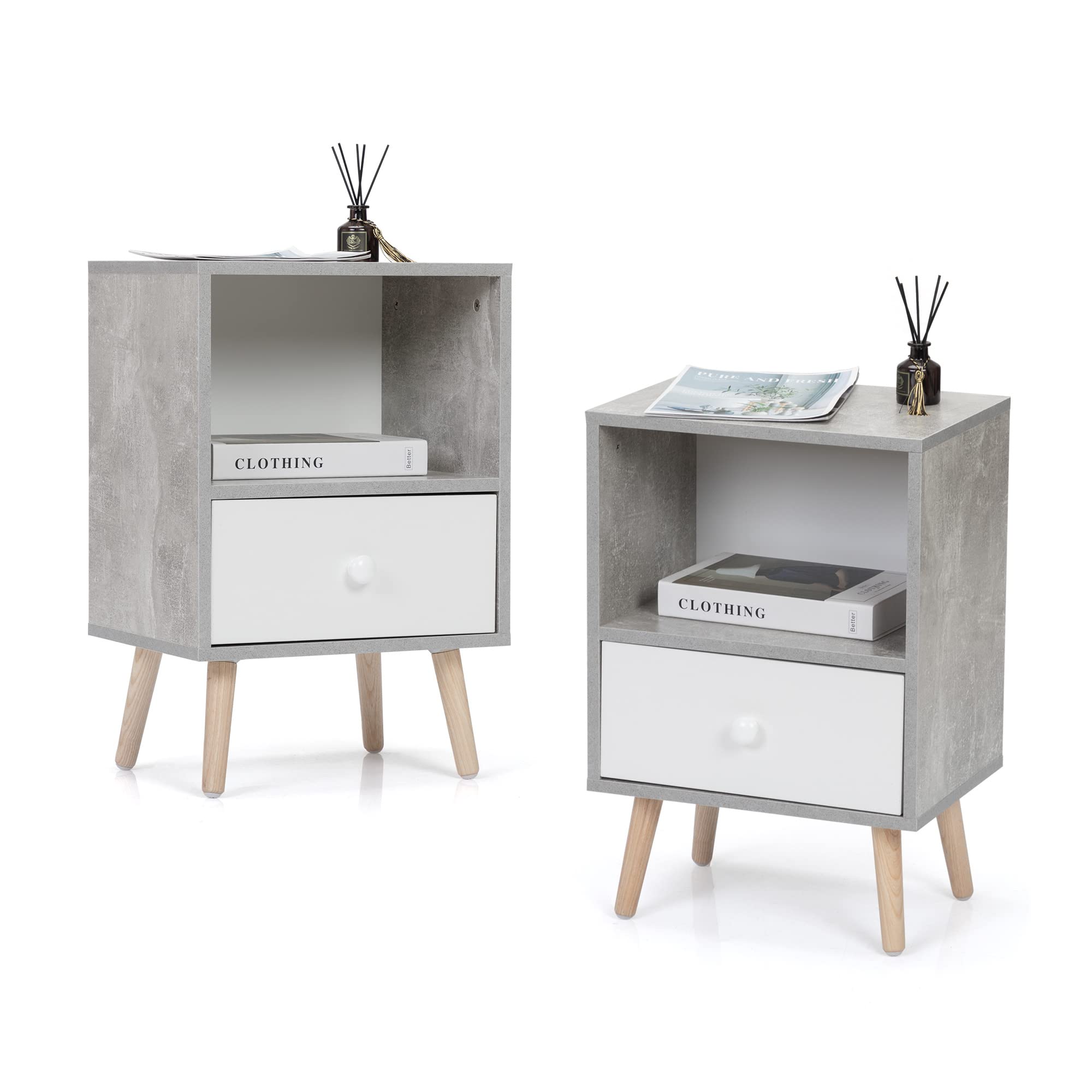 Bysesion Mid-Century Modern Wood Nightstand Set of 2 - Bedside End Tables with Drawer & Shelf for Living Room, Bedroom, Office - Natural Finish - Perfect for Small Spaces & Apartment Decor