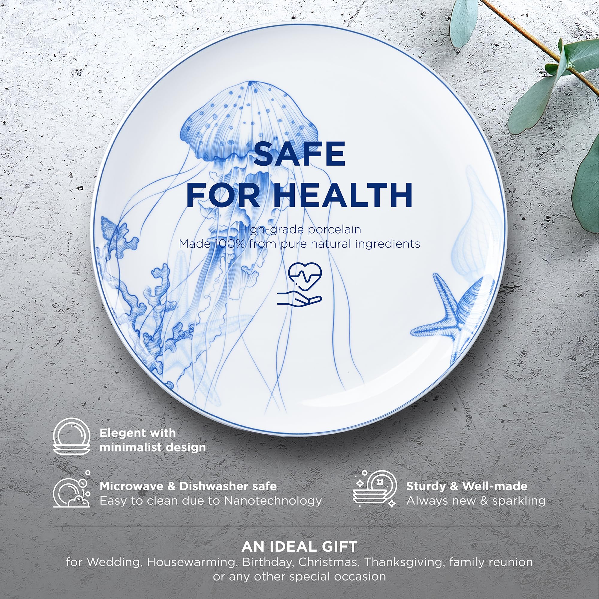 12-Piece Porcelain Dinnerware Set - Microwave, Oven & Dishwasher Safe Plates & Bowls - Ocean Blue Ceramic Tableware for Family Gatherings, Thanksgiving, Christmas & New Year - Perfect for Holiday Dinners & Everyday Use