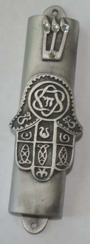 Pewter Mezuzah Chamsa with Kosher Scroll - Handcrafted Door Mezuzah for Jewish Home Blessing & Protection | Perfect for Housewarming Gifts & Front Door Decor
