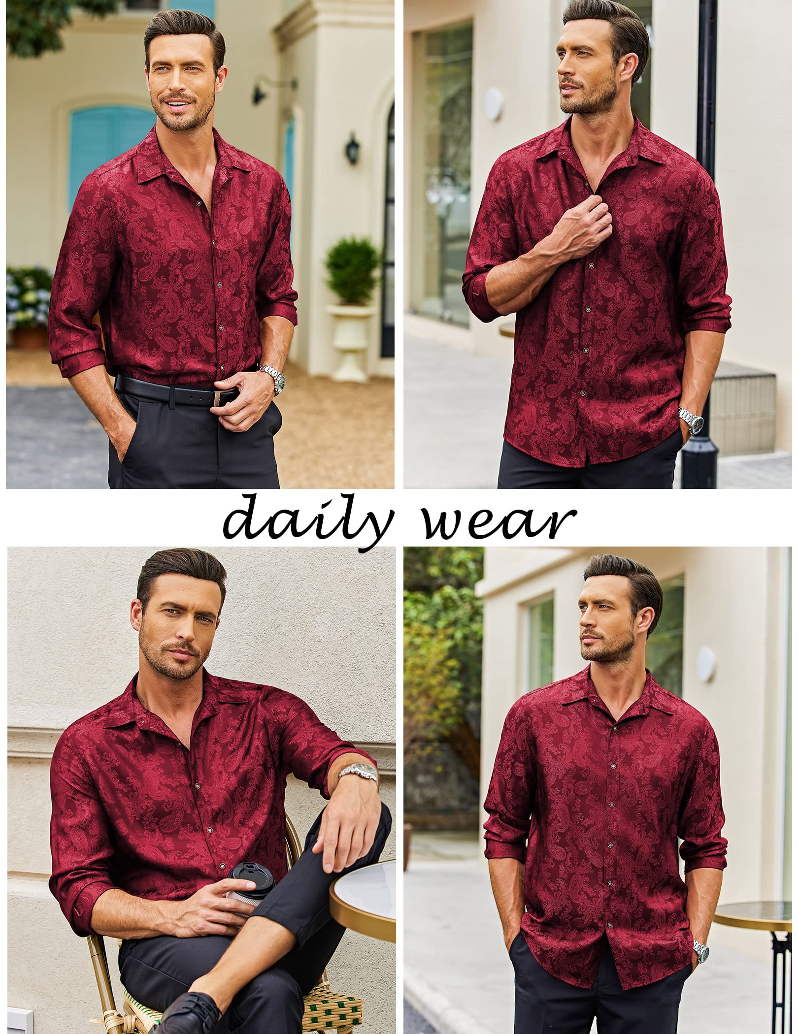 COOFANDY Men's Silk Satin Dress Shirt - Long Sleeve Floral Printed Button Down Shirt for Wedding, Party & Prom | Formal Occasions, Business Meetings & Special Events