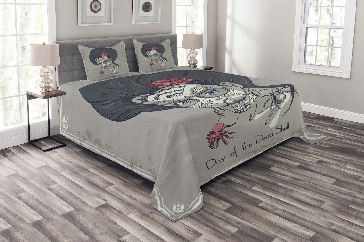 Ambesonne Day of The Dead Bedspread Set - Dia de Los Muertos Skull & Roses Print 3-Piece King Size Bedding (Coverlet + 2 Pillow Shams) in Charcoal Grey - Mexican Sugar Skull Theme for Halloween, Día de Muertos Celebration & Gothic Home Decor