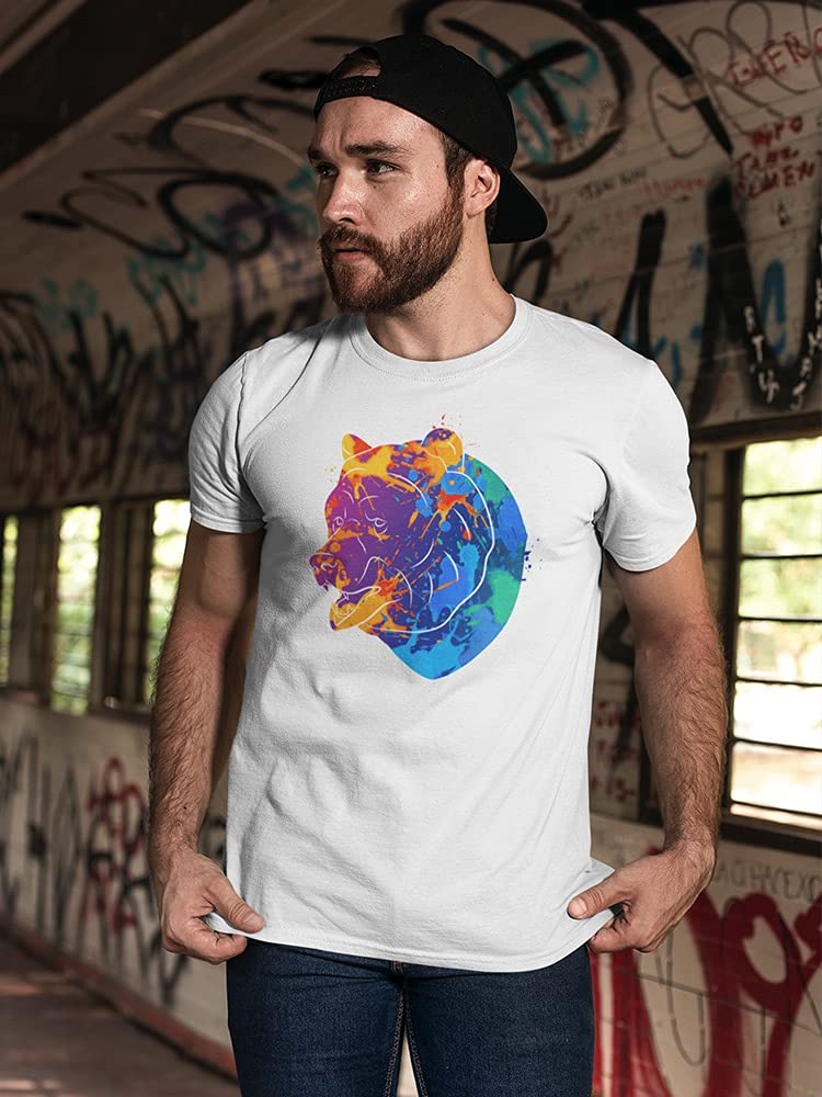 Men's Colorful Watercolor Bear Head T-Shirt - Soft Cotton Casual Tee for Streetwear & Graphic Art Lovers