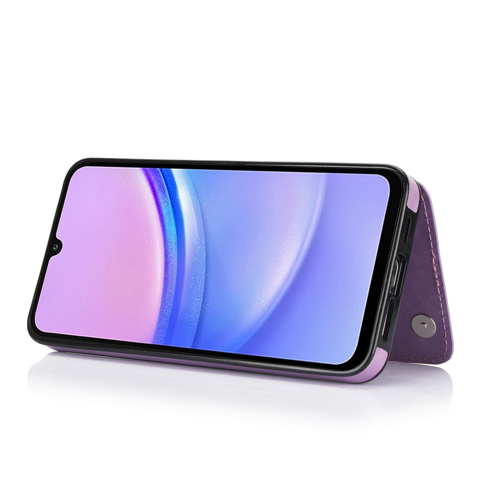 Premium Leather Flip Wallet Case for Samsung Galaxy A15 5G/4G (SM-A156B/A155F) with Tempered Glass Screen Protector & Card Holder - Stand Feature for Hands-Free Viewing - Stylish Purple Unisex Design for Men & Women - Perfect for Work, Travel & Daily Protection